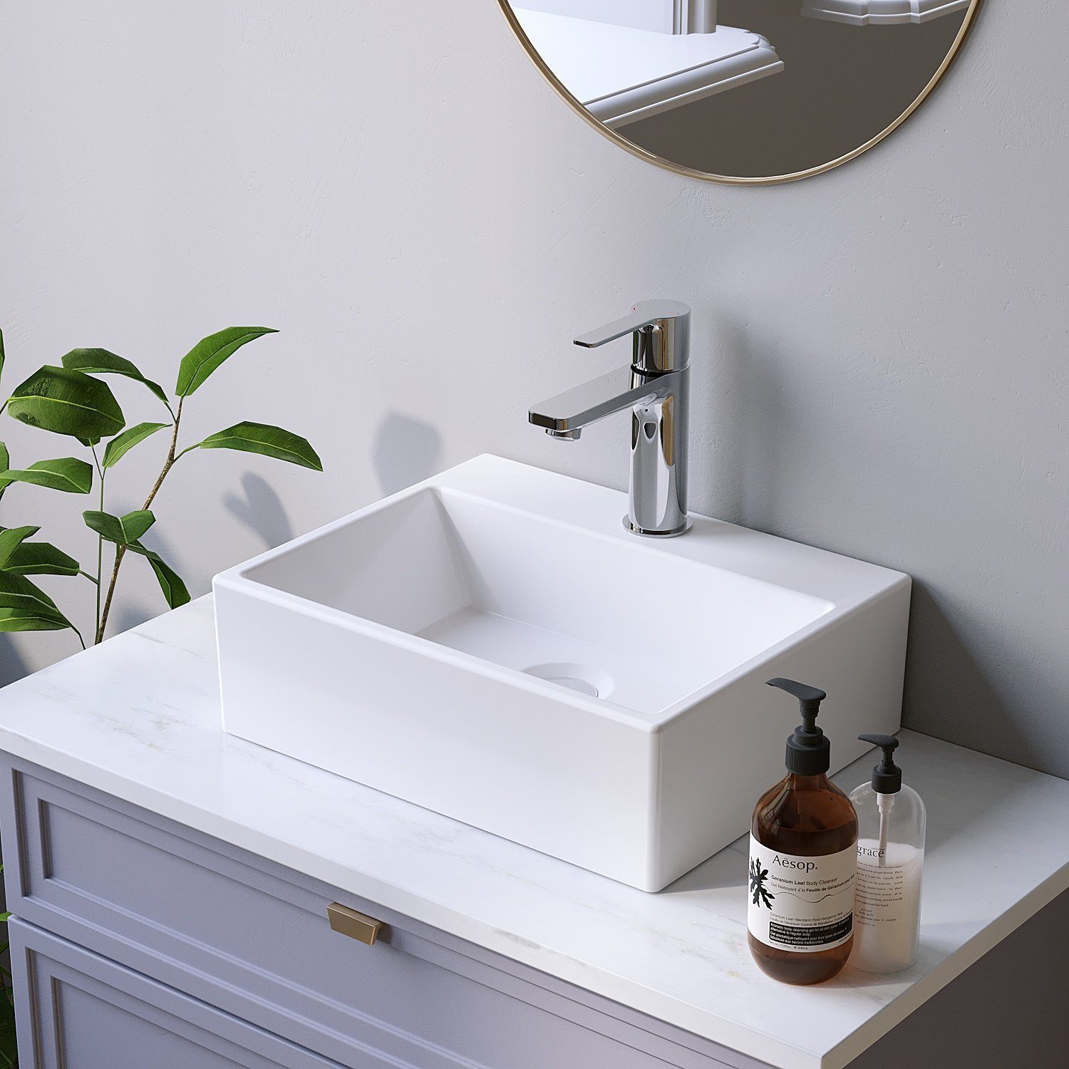 AQUALAVOS Aufsatzwaschbecken Kleines Eckiges Waschbecken Keramik Ohne Überlauf Weiß 38,5x30,5x12cm, Langlebig Robust Pflegeleicht Einfache Installation für Bad& Gäste-WC