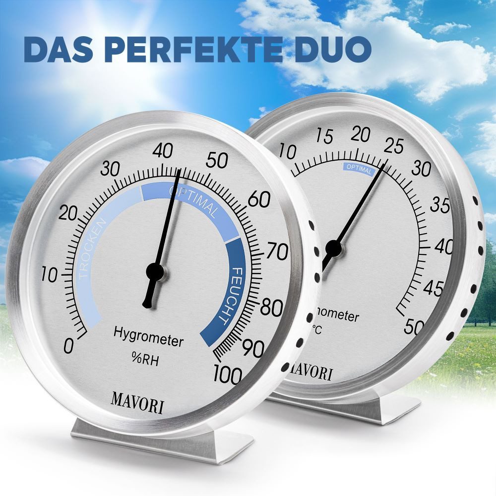 MAVORI Hygrometer & Thermometer innen analog; Perfektes Duo zur Kontrolle des Raumklimas, batteriefreier Betrieb (Bi-Metall)