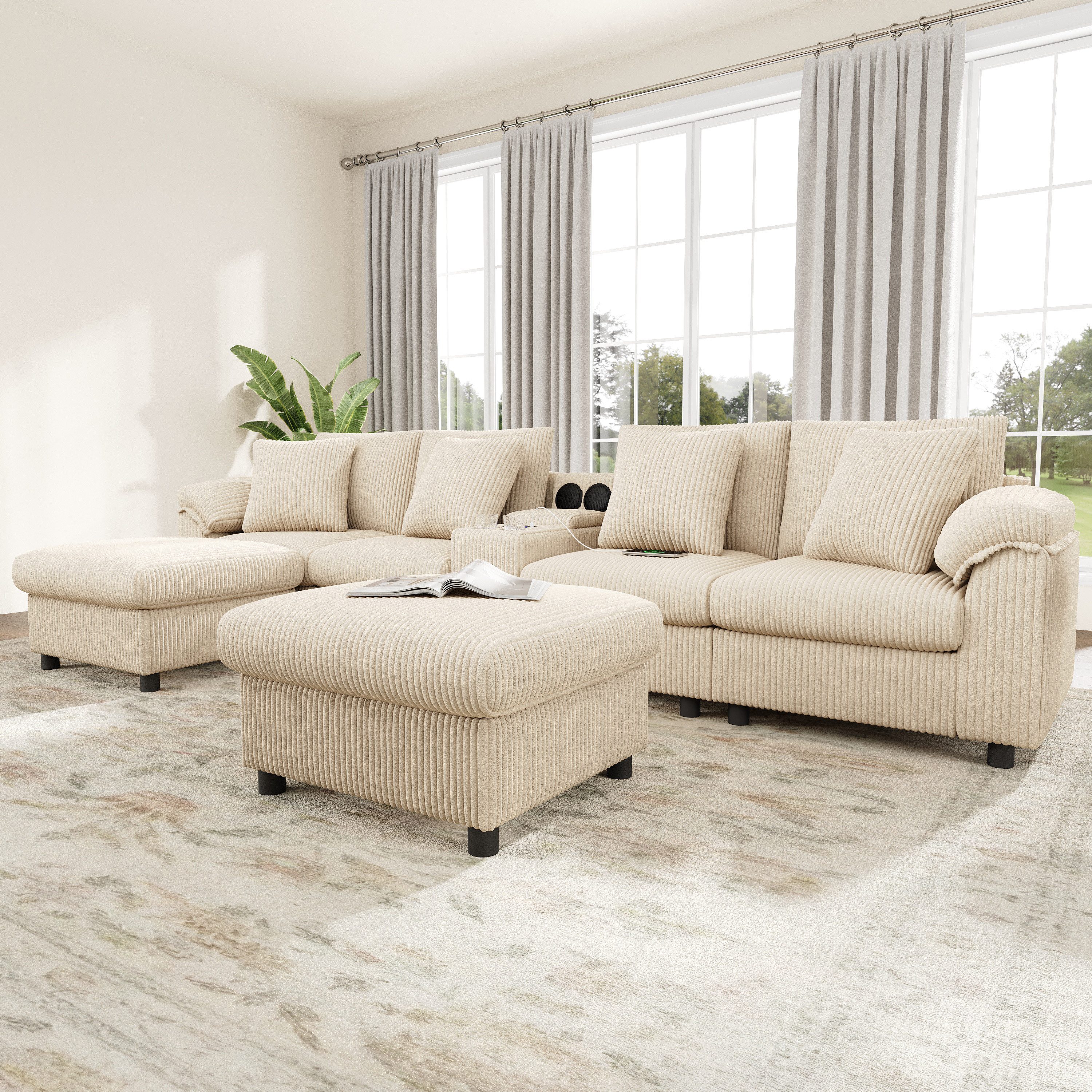 REDOM Wohnlandschaft Inklusive Konsole mit Bluetooth & USB, Wireless Charging, Stauraum & Getränkehalter 1 Teile, Geräumiges Sofa 315,5x144x84,5 cm in Beige