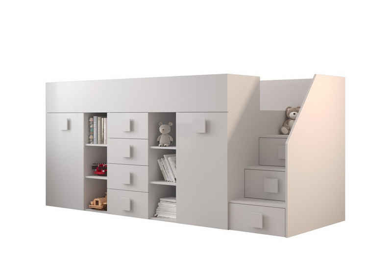 QMM TraumMöbel Hochbett TELLY 3 mit Treppe rechts (Bett, Schrank, Schreibtisch, Schubladen, Regale, Treppe) ausziehbarer Schreibtisch