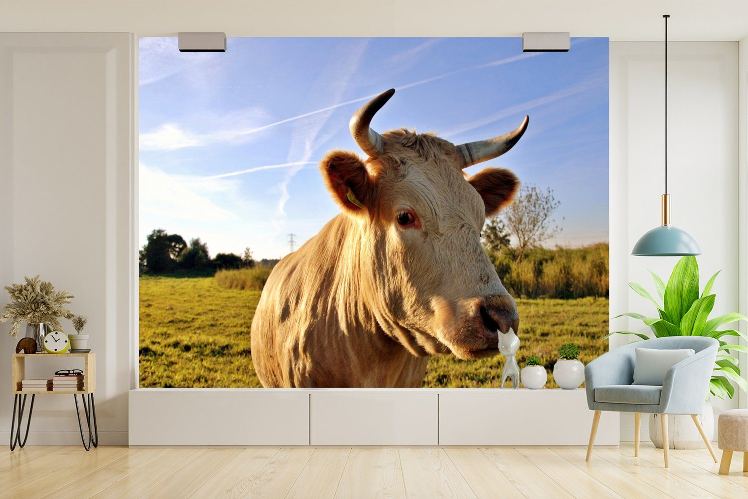 Wallpaper Tapete Wohnzimmer, MuchoWow Kinderzimmer, Vinyl (6 - St), Natur, für Matt, Schlafzimmer, Bauernhof - Kuh bedruckt, Fototapete