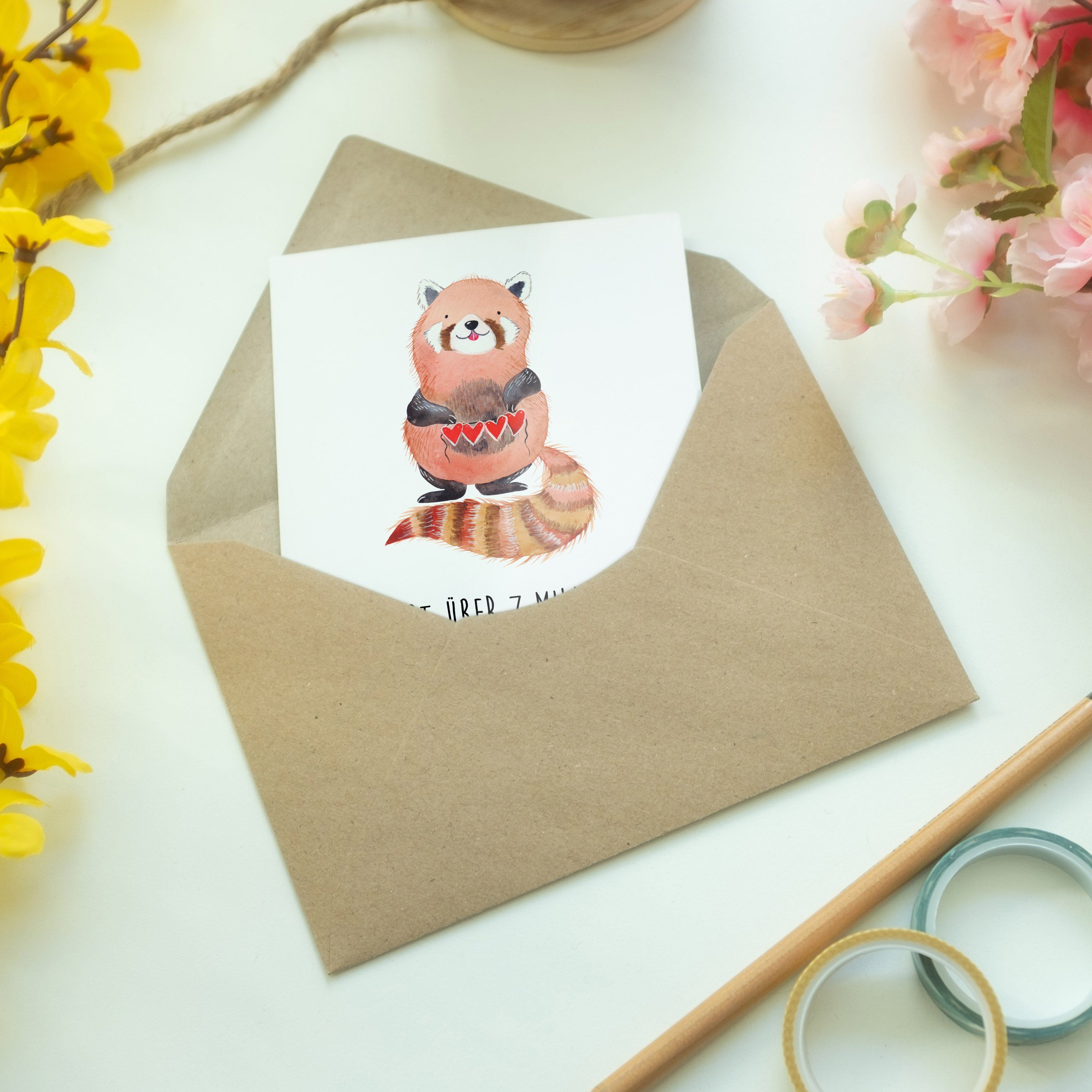 Geburtstagskarte, Grußkarte Weiß Panda Mrs. Gu Glückwunschkarte, Mr. & - Geschenk, Panda - Roter
