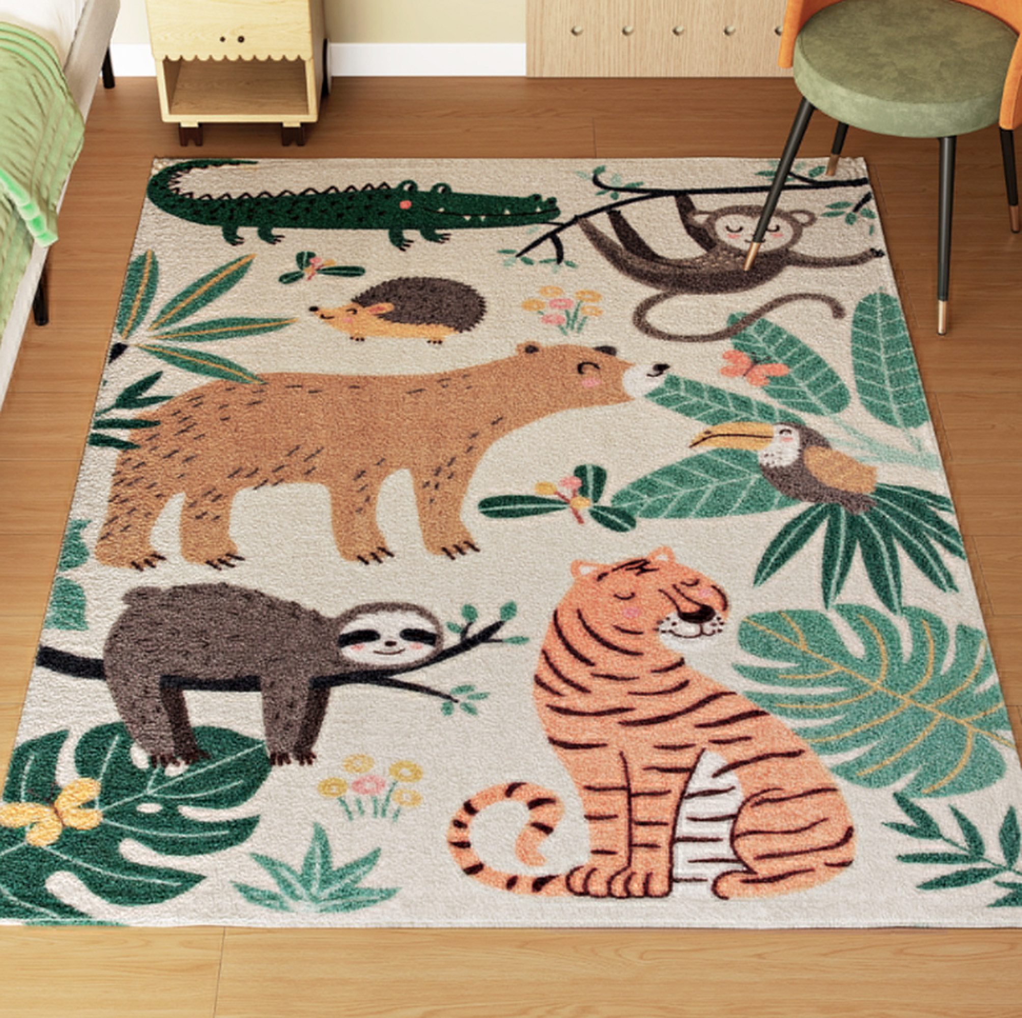 ibettertec Kinderteppich Kinderteppich 140x200cm Beige mit Dschungel Motiven, Kurzflor Kinderteppich 140x200cm Beige