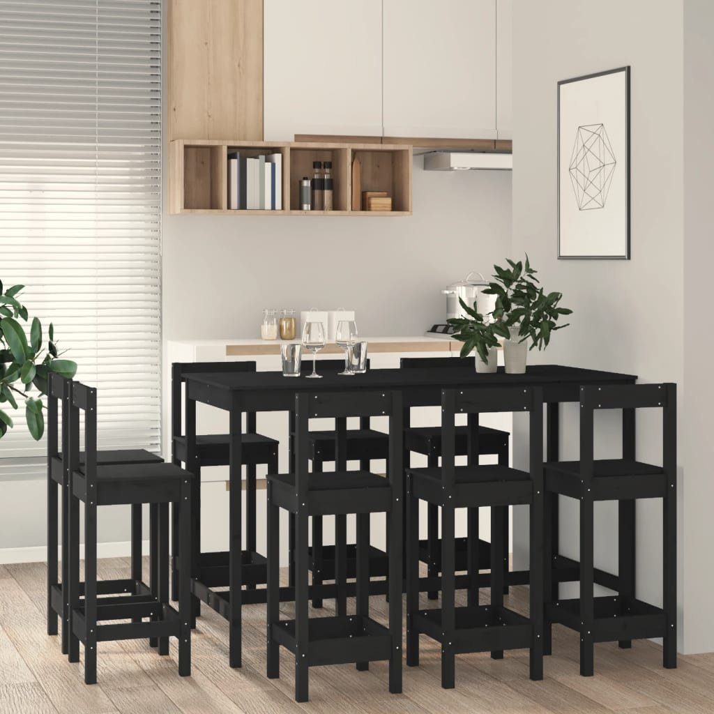 vidaXL Essgruppe 9-tlg. Bar-Set Schwarz Kiefer, Massivholz (9-tlg)