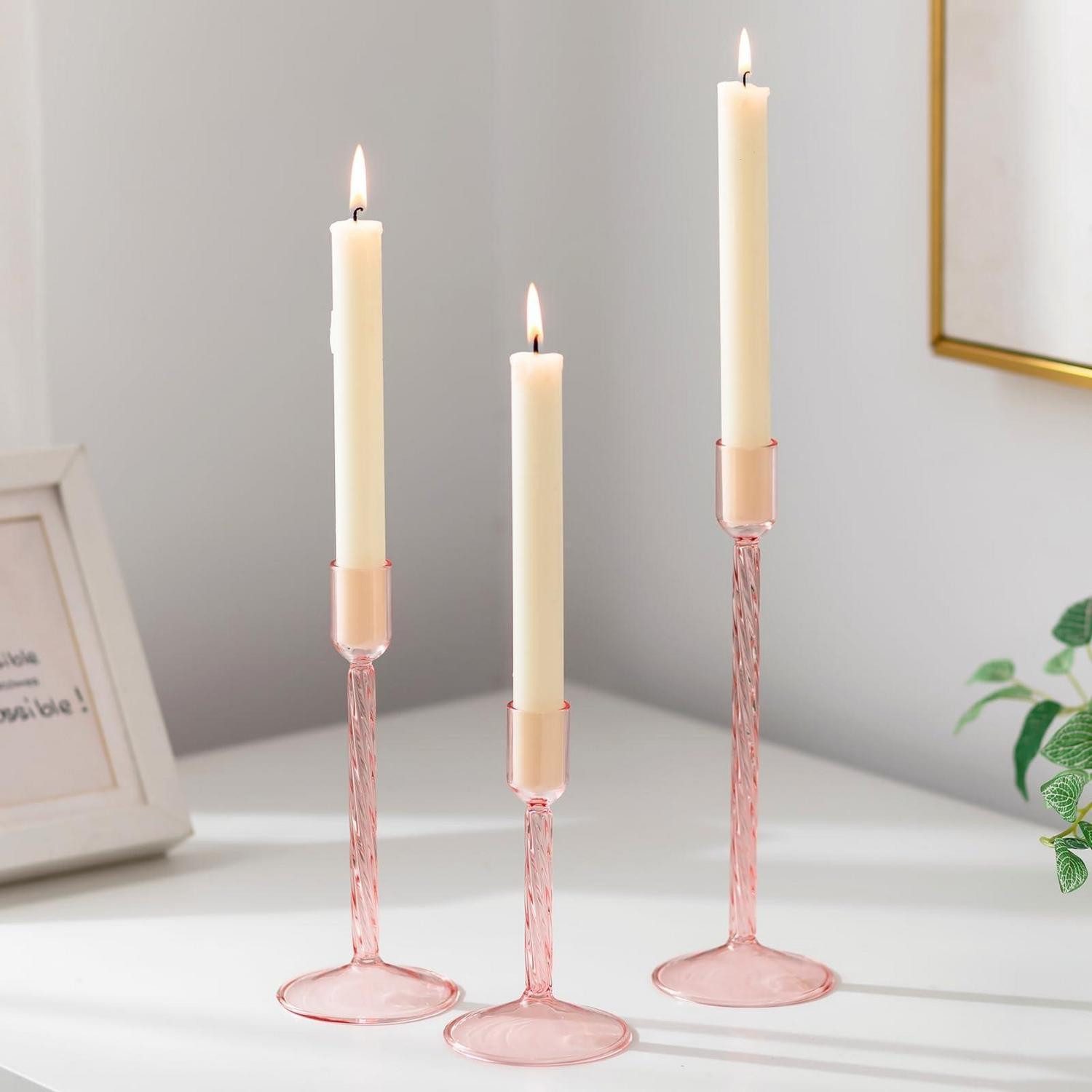 LuxusKollektion Tischkerzenhalter Kerzenständer Glas Rosa 3er Set (3 St)