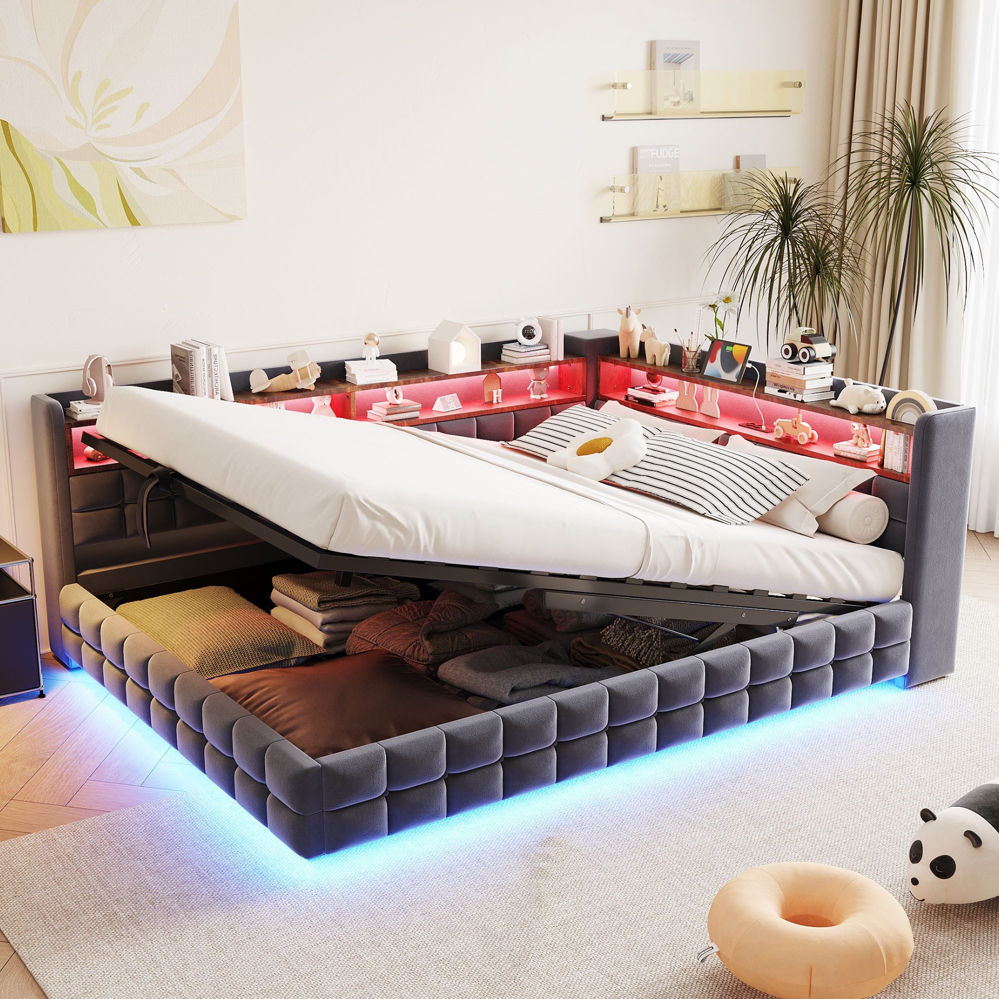 Merax Daybett Polsterbett mit LED-Lichtleiste, Steckdose und USB & Typ-C Anschlüssen (Jugendbett Einzelbett Sofabett, 1 tlg), Tagesbett 140x200cm mit hydraulischem Stauraum & Staufächern, Samt