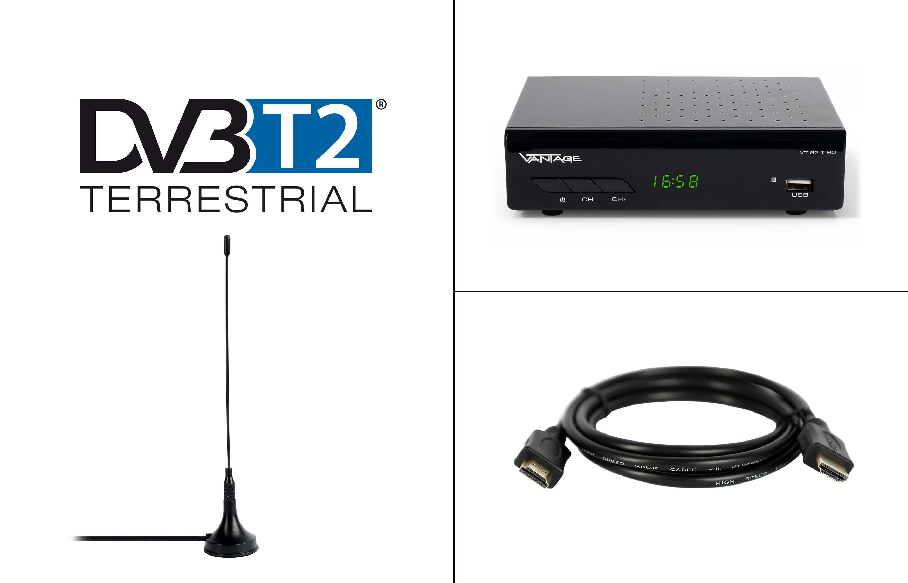 DVB-T2 HD Vantage VT-92, (2m aktive HDMI Full HD Kabel, Antenne) Receiver DVB-T2