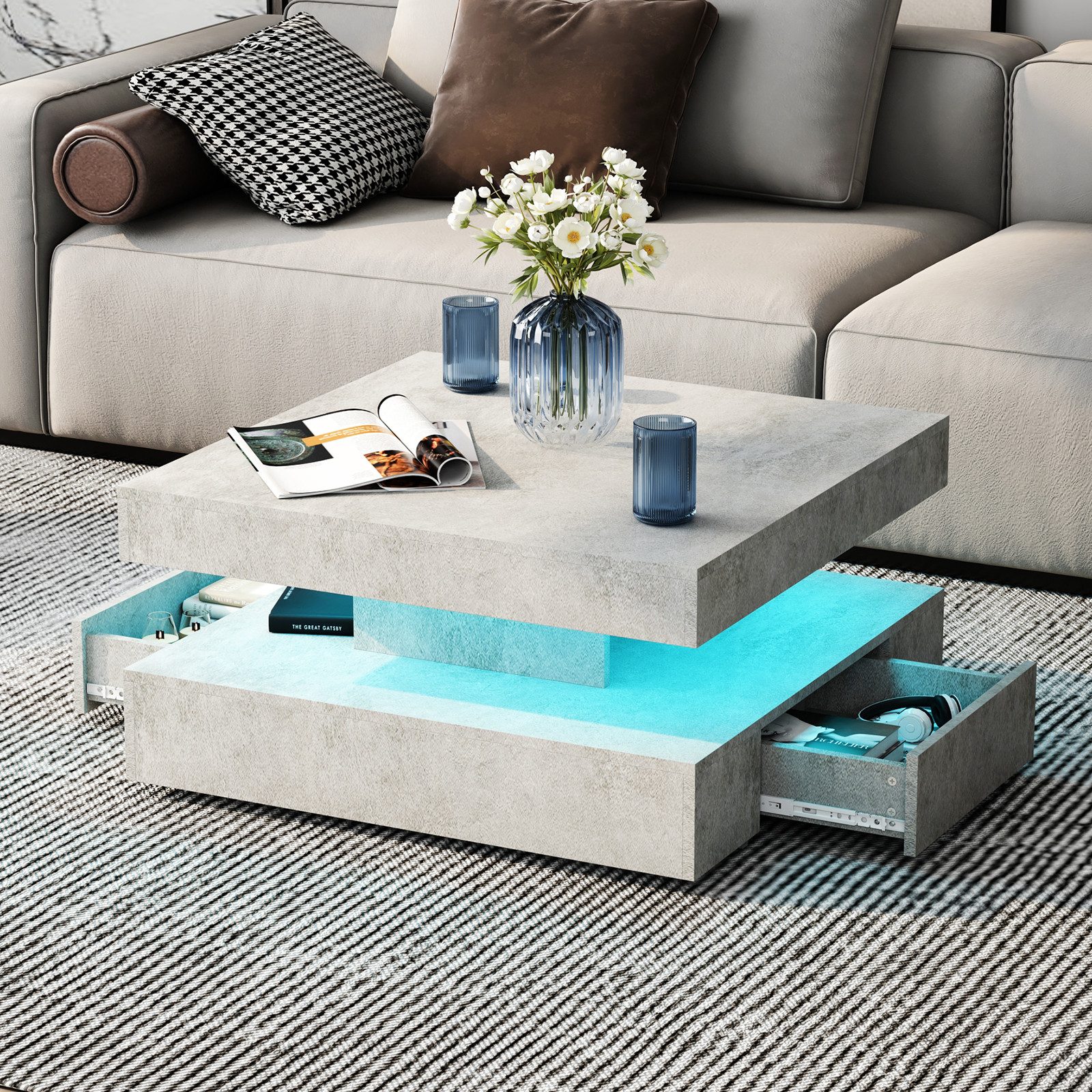 radelldar Couchtisch mit LED-Beleuchtung, 2 Schubladen und verdecktem Stauraum (1-St), Wohnzimmertisch matt 78x78x40 cm