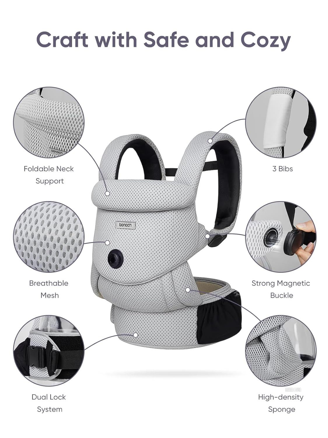 bonoch Babytrage EaseFit ergonomische Babytrage Grau Baumwolle 4–24 Monate Hüfttrage (Babytrage mit Zubehör-Set (3 Lätzchen), Babytrage mit 3 Lätzchen und verstellbarem Hüftgurt), aus atmungsaktiver Baumwolle EaseFit-System ergonomische M-Position.
