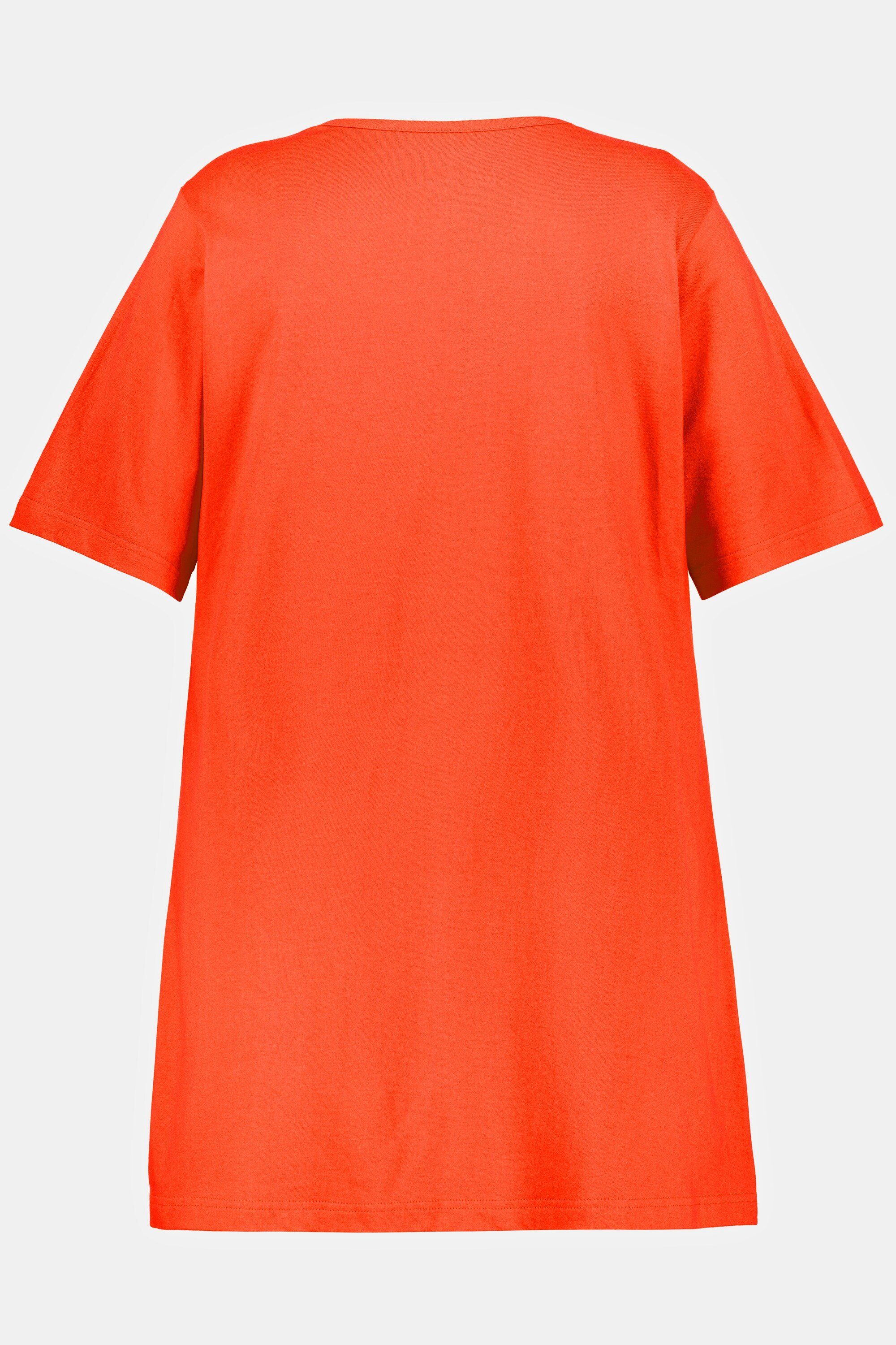 Ulla Popken Longshirt orangerot A-Linie Halbarm V-Ausschnitt Longshirt