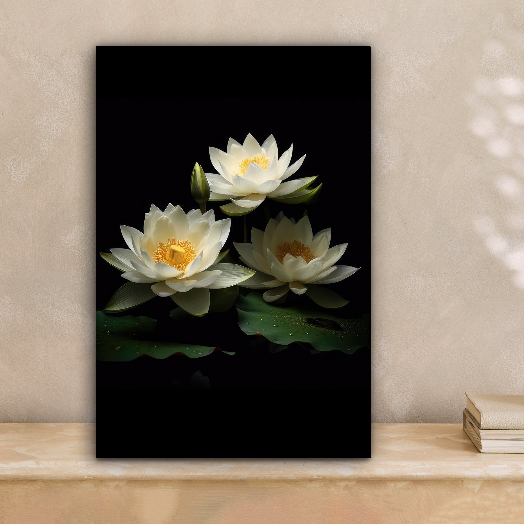 Blumen inkl. - (1 - Leinwandbild OneMillionCanvasses® Lotus 20x30 - St), Weiß bespannt cm Natur Gemälde, Zackenaufhänger, fertig Leinwandbild - Schwarz,
