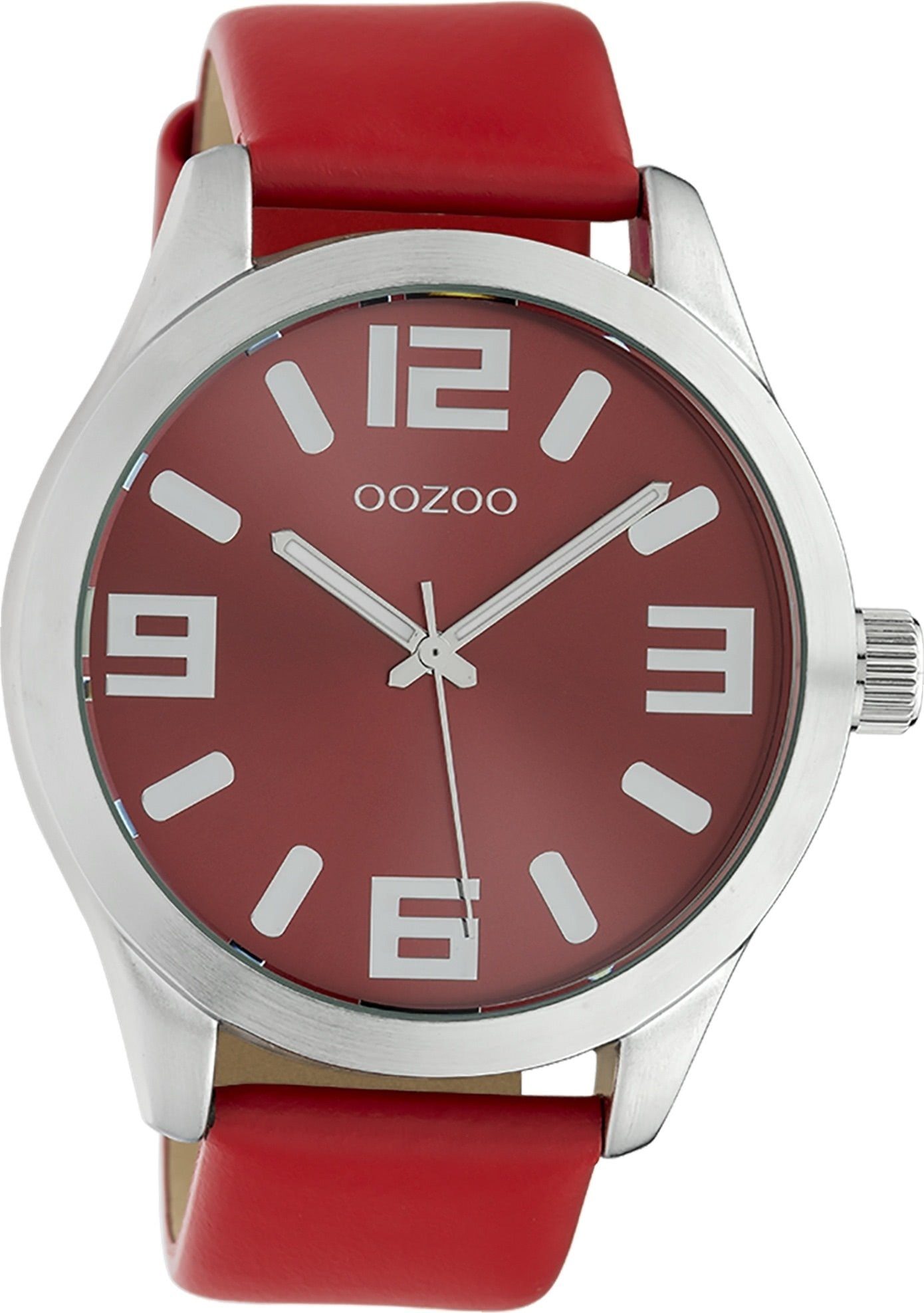 OOZOO Quarzuhr Oozoo Damen Armbanduhr rot Analog, (Analoguhr), Damenuhr rund, extra groß (ca. 46mm) Lederarmband, Fashion-Style