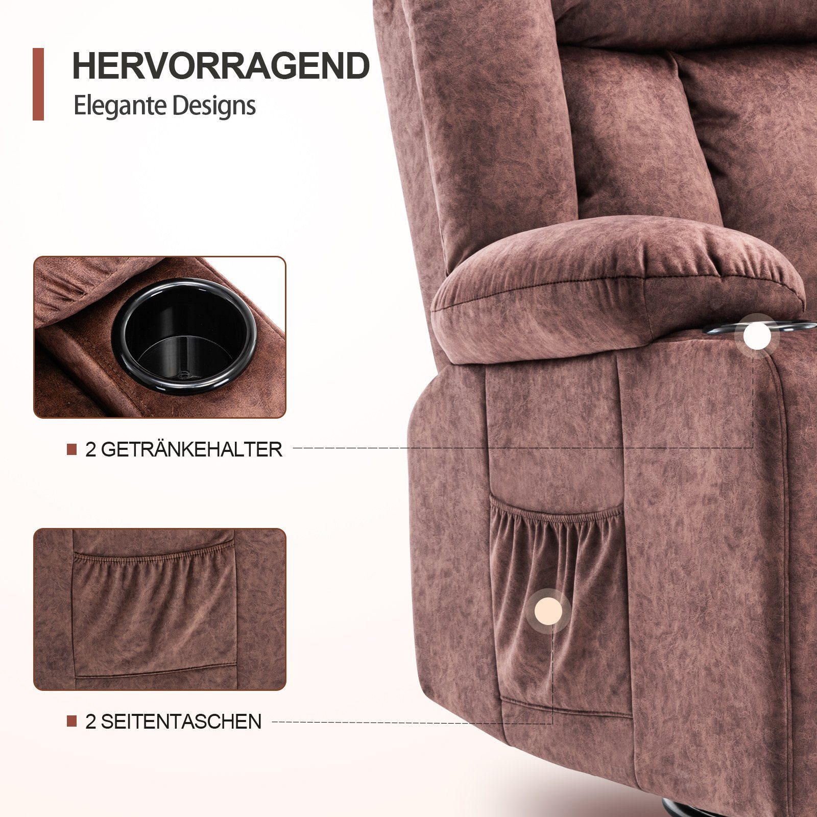 COMHOMA Relaxsessel TV-Sessel Fernsehsessel Ruhesessel mit Wippfunktion, 360° drehbar, Lounge Sessel für Wohnzimmer, Getränkehalter, Seitentaschen – Bild 5 von 5