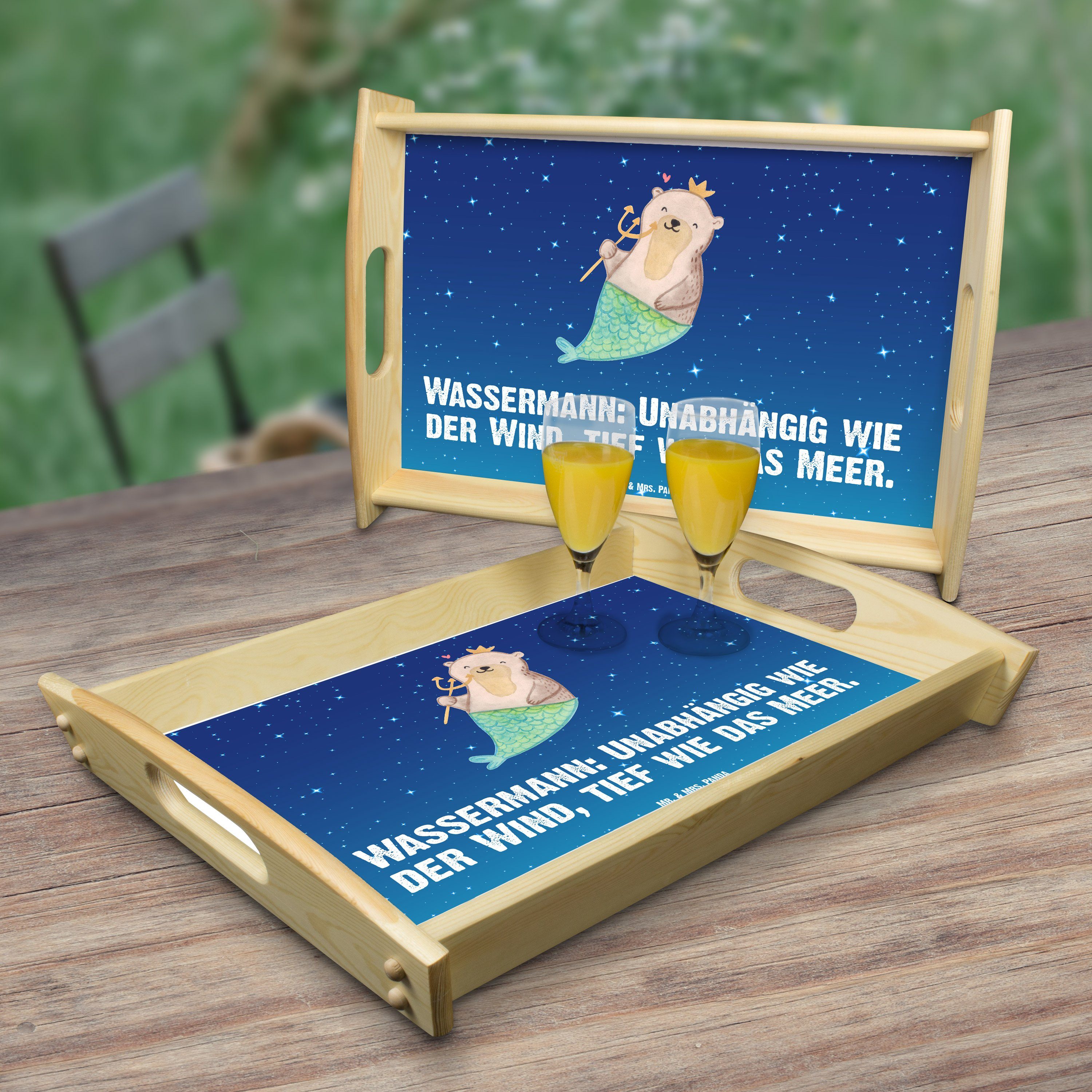 Mr. & Mrs. Panda Tablett Wassermann Astrologie - Sternenhimmel Blau - Geschenk, Tablett, Küche, Echtholz lasiert, (1-tlg)