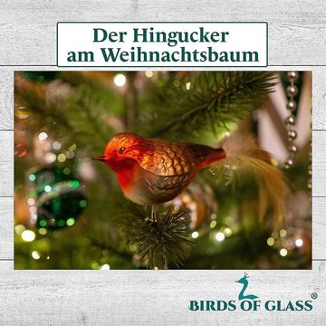 Birds of Glass Christbaumschmuck Glasvogel Rotkehlchen mit Naturfeder, mundgeblasen, handdekoriert, aus eigener Herstellung