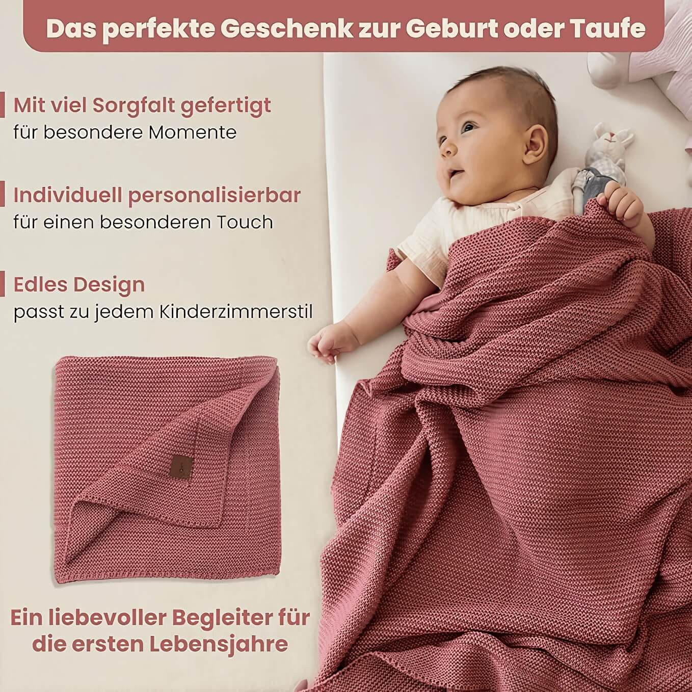 Babydecke Baby Strickdecke, Babydecke, Weich & Atmungsaktiv, 80x100cm, Rosa, Little Dedi – Bild 3 von 5