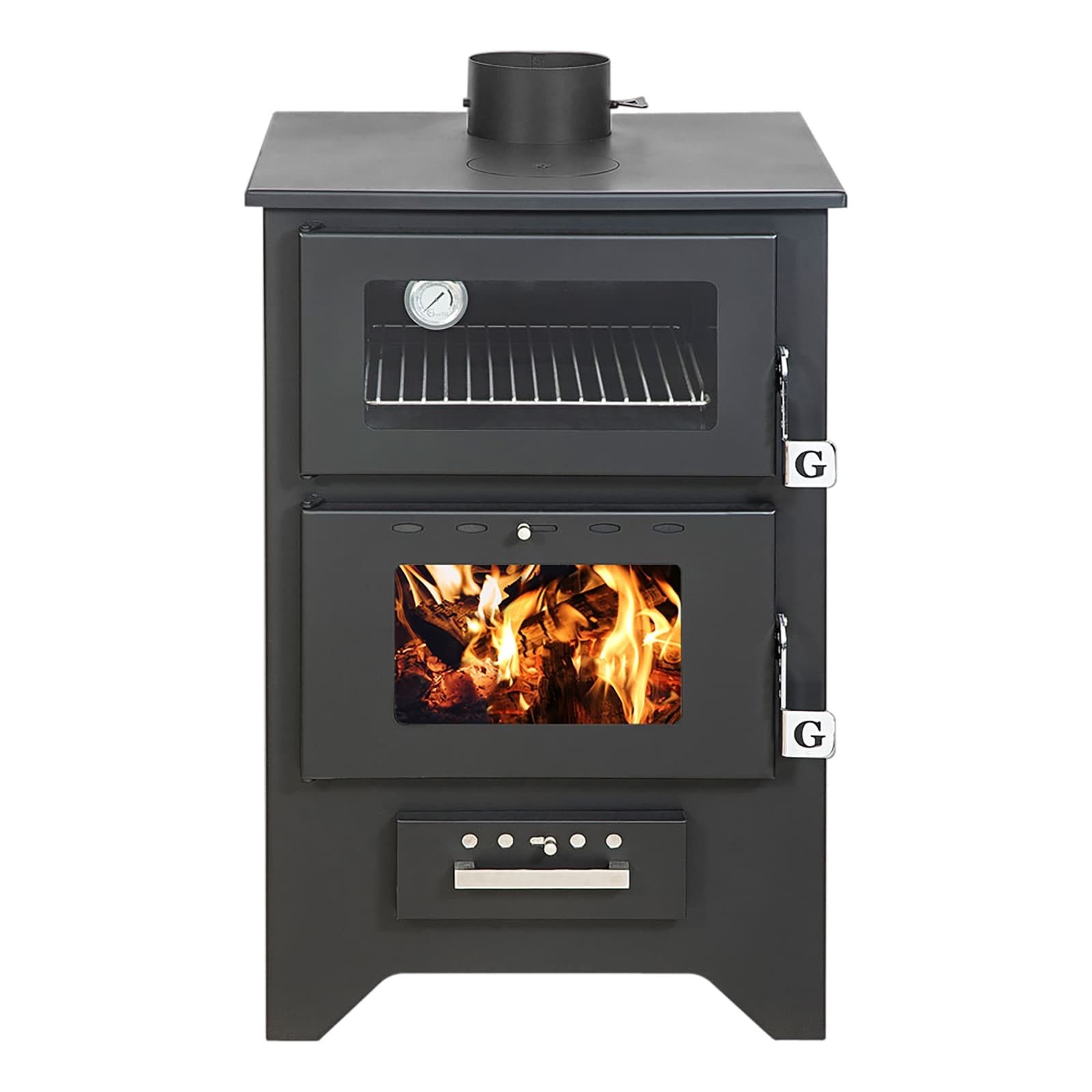 Gekas Kaminofen MG 450 für 90 bis 150 qm Wohnfläche, 14,6 kW, Holzofen, schwarz, Stahl, Pizzafach, Backfach