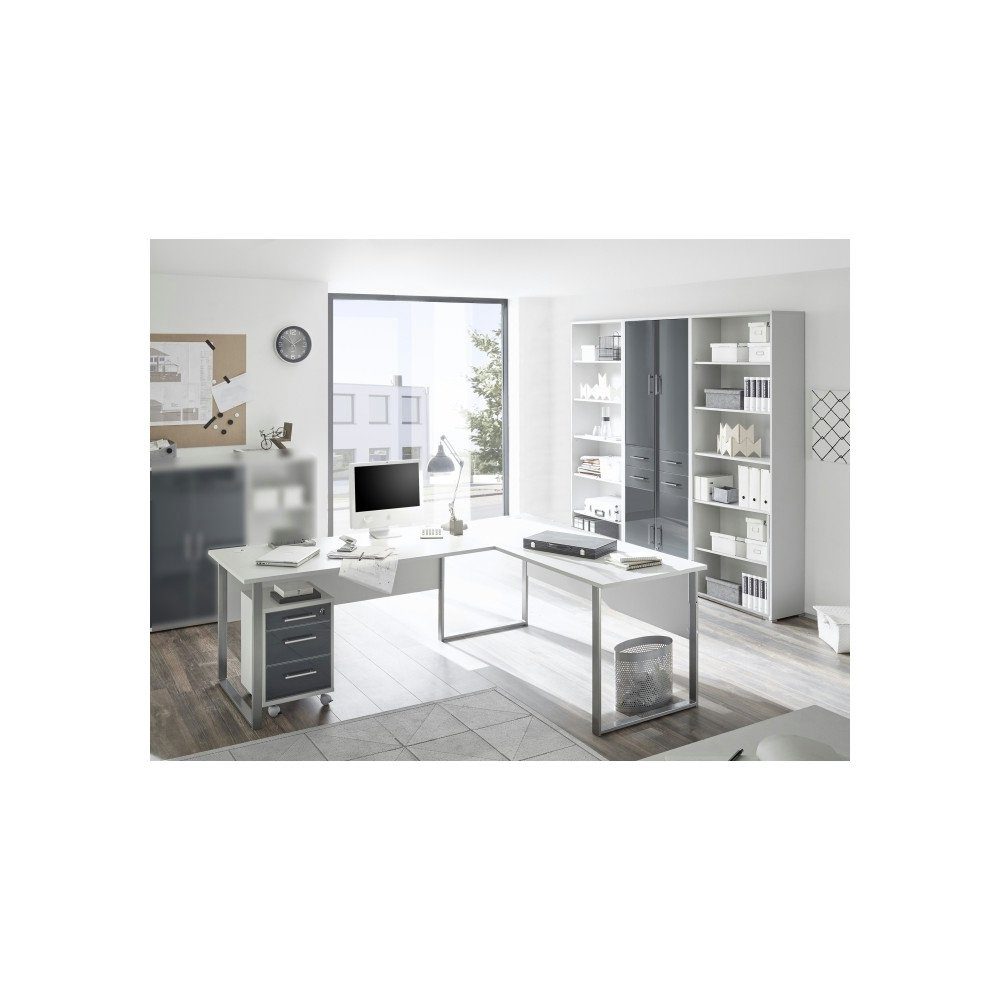 möbel-direkt.de Büromöbel-Set Office Line Lux in Platingrau mit lackierten Fronten in Graphit, (Komplett Set, 5-tlg., Winkelschreibtisch, Rollcontainer, Regalwand,  Sideboard), lackierten Graphit-Glasfronten, abschließbar