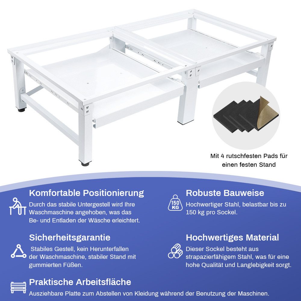 XERSEK Waschmaschinenuntergestell Stabiler Doppel Untergestell 32cm Hohe 2-Fach Ausziehablagen aus Stahl, Zubehör für Waschmaschine &Trockner Max.2x150kg, Socke – Bild 3 von 5