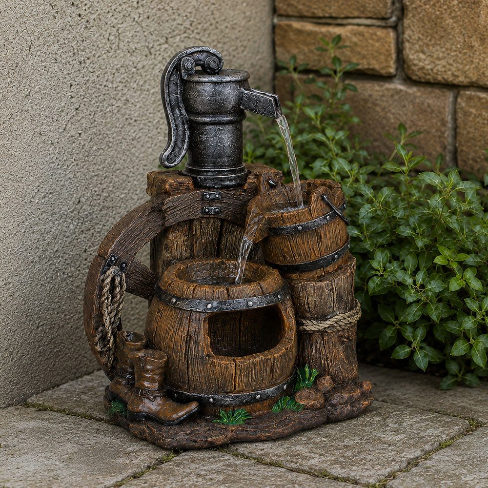 Harms Import Gartenbrunnen, Außen Springbrunnen Zierbrunnen Kaskade Holz Stein Optik Gartenpumpe