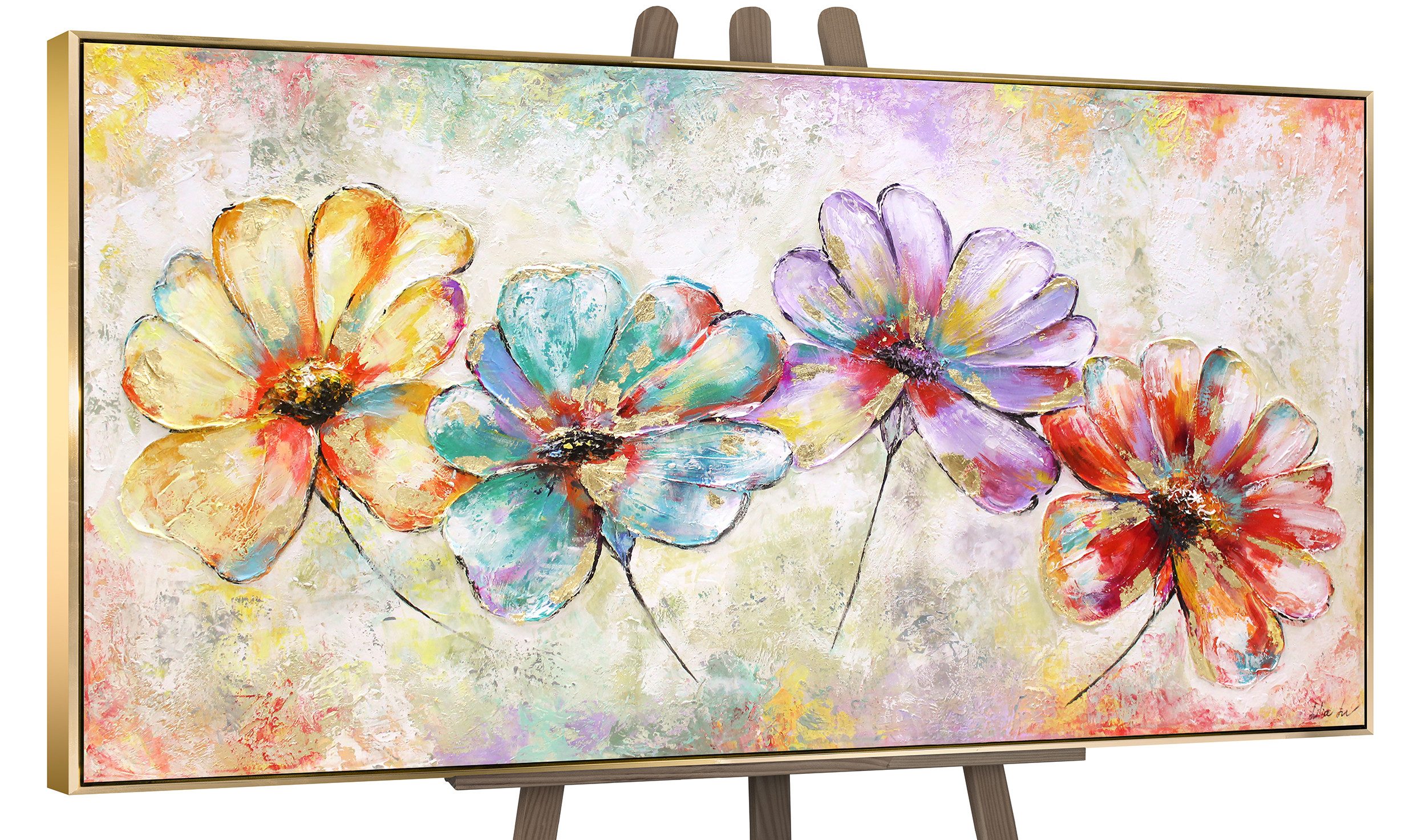 YS-Art Gemälde Schöne Blumen, Blumen, Bunte Blumen auf Leinwand Bild Handgemalt Gold
