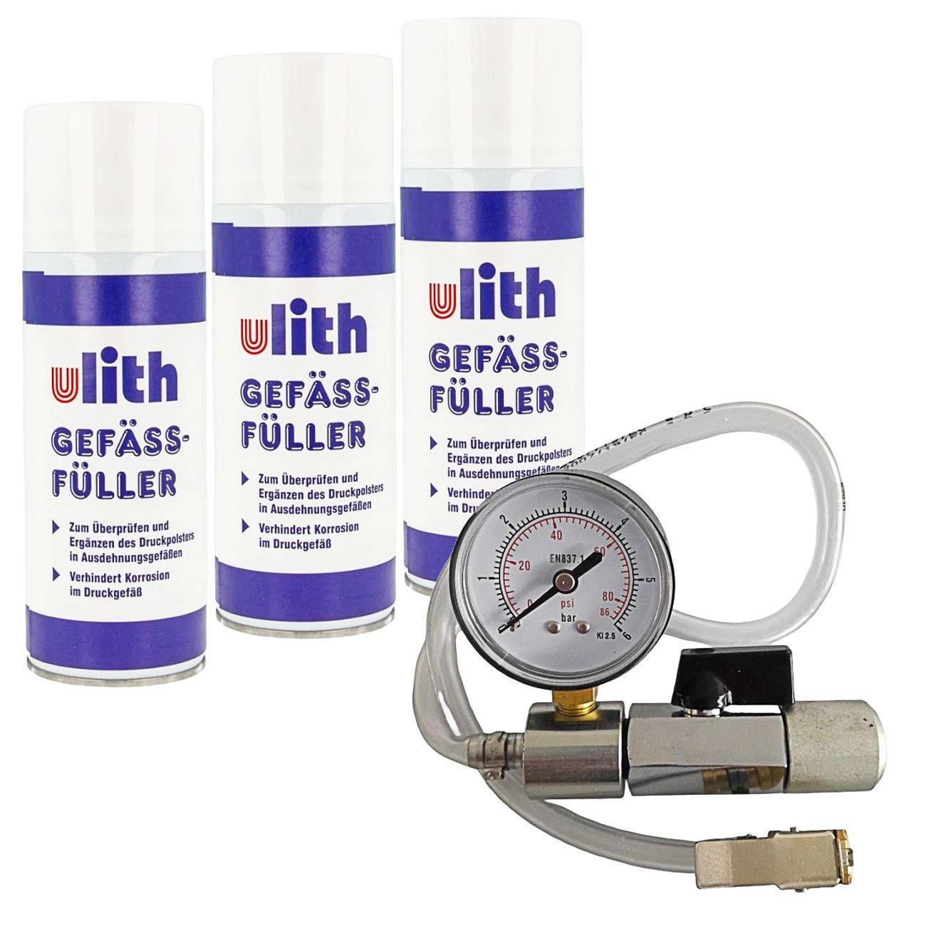 Ulith Gefäßfüller 400 ml brennbar frei für Membran Ausdehnungsgefäße Allzweckreiniger (Set, [3-St. 3er Set inkl. 1x Anschlussadapter mit Absperrvorrichtung und Manometer)