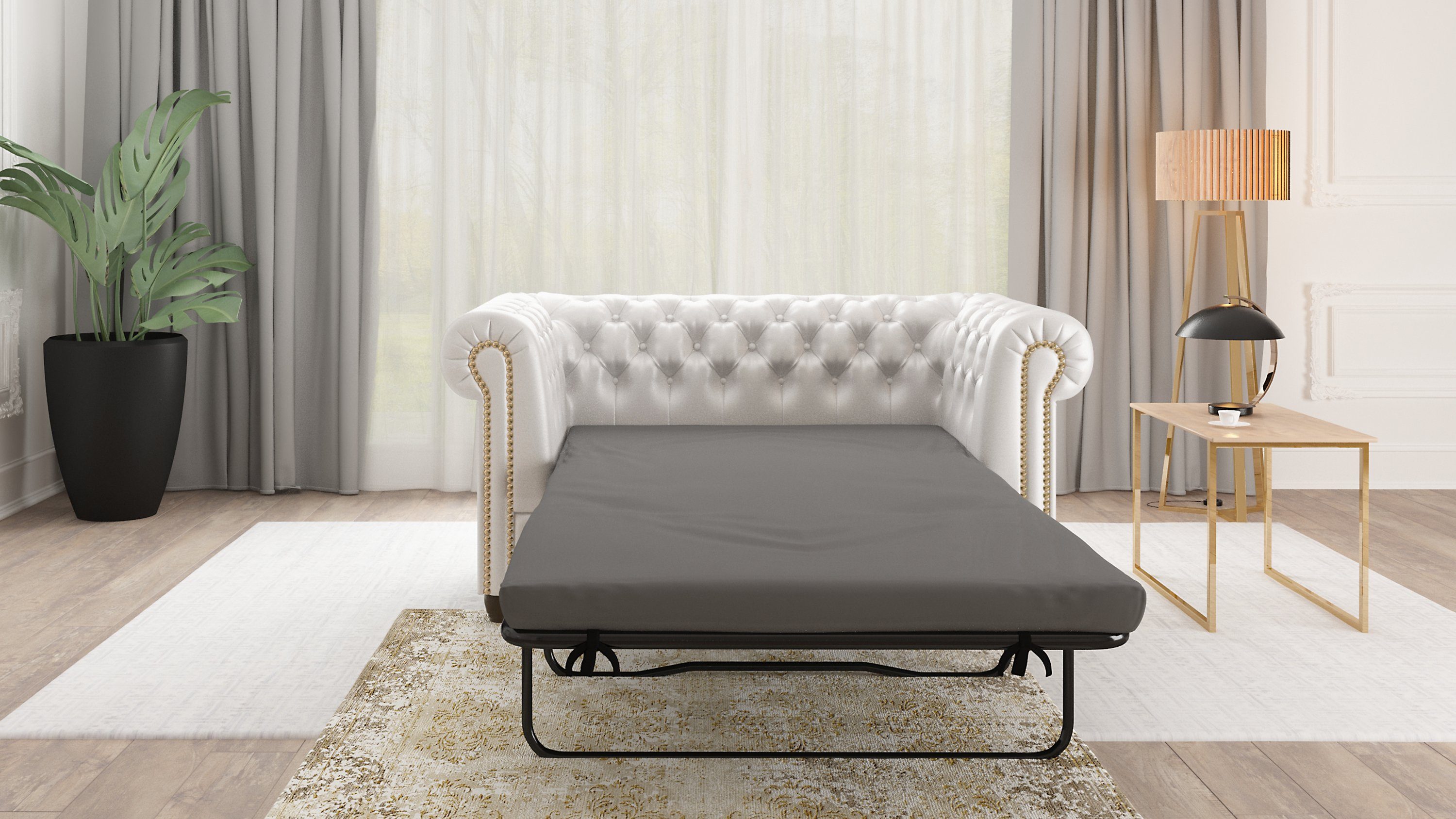 Jeff Sofa Weiß Bettfunktion, Chesterfield Schlaffunktion, mit Möbel Wellenfederung S-Style 2-Sitzer mit mit