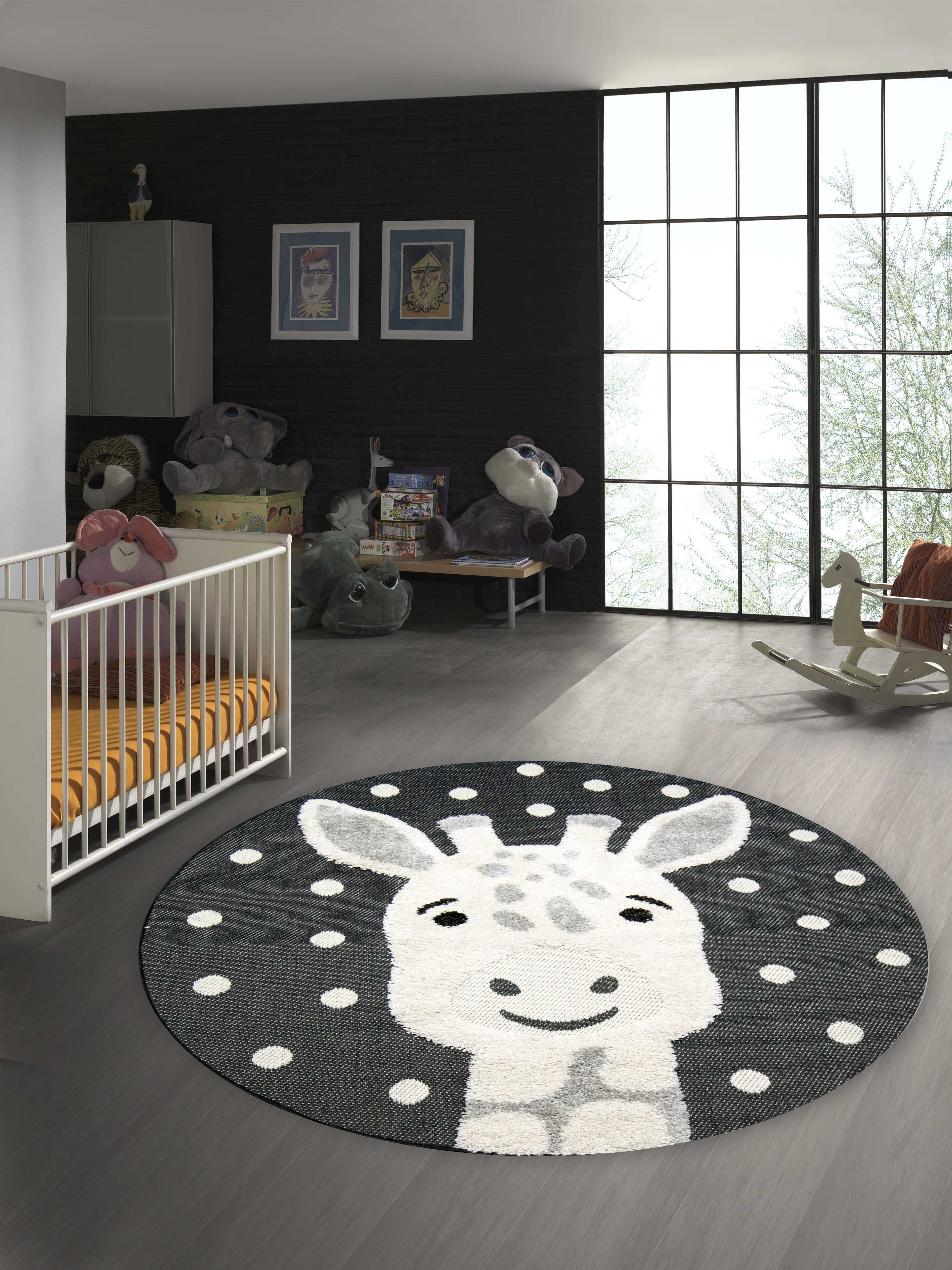 Kinderteppich Kinderzimmer 3D Optik Giraffe creme grau schwarz,  TeppichHome24, Rund, Höhe: 20 mm
