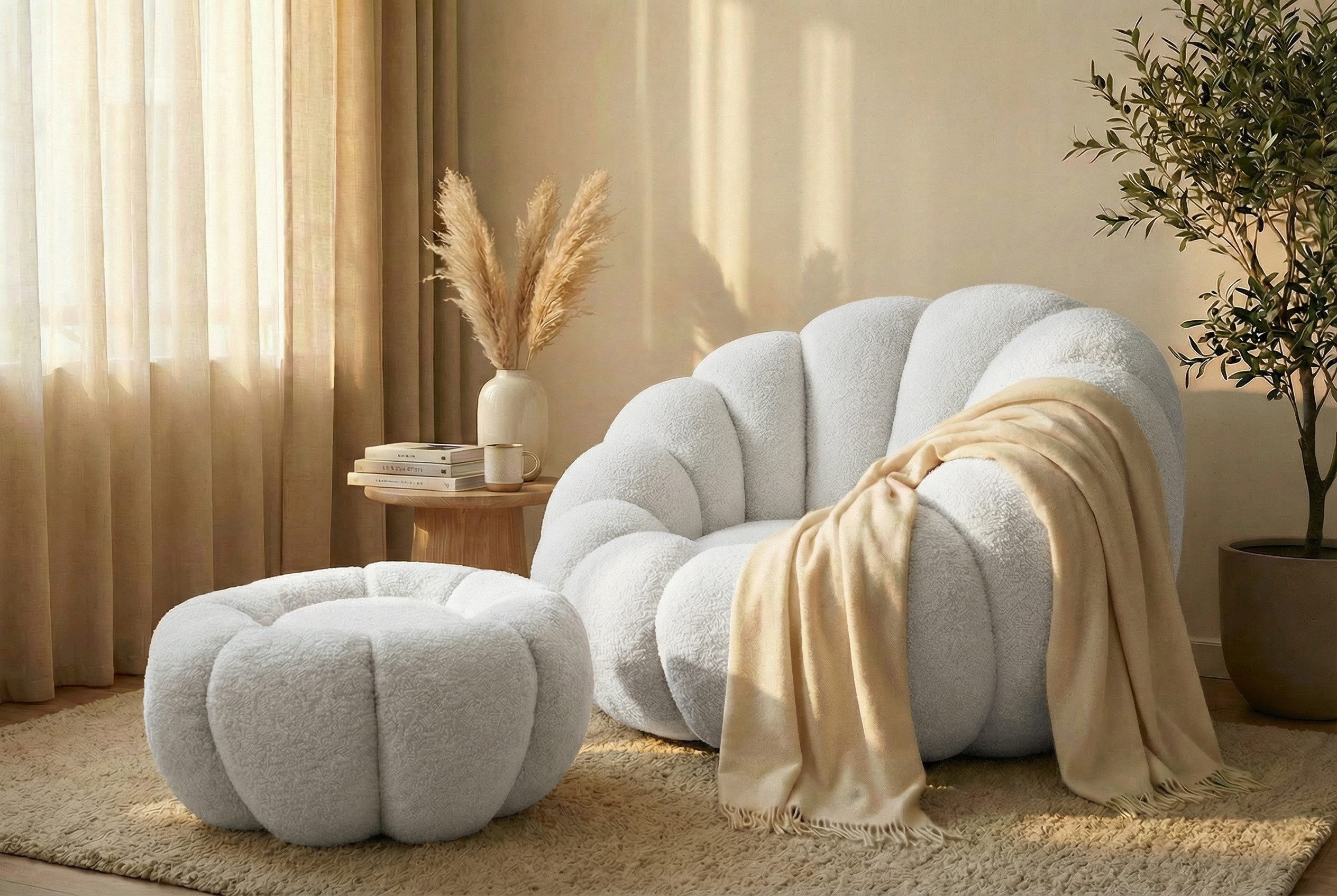 yourhouse24 Drehsessel ORIA, Boucle-Stoff, Sessel mit Fußstütze (Set, 2-St., Relaxsessel mit Hocker), 360° drehbar, Low-Seating