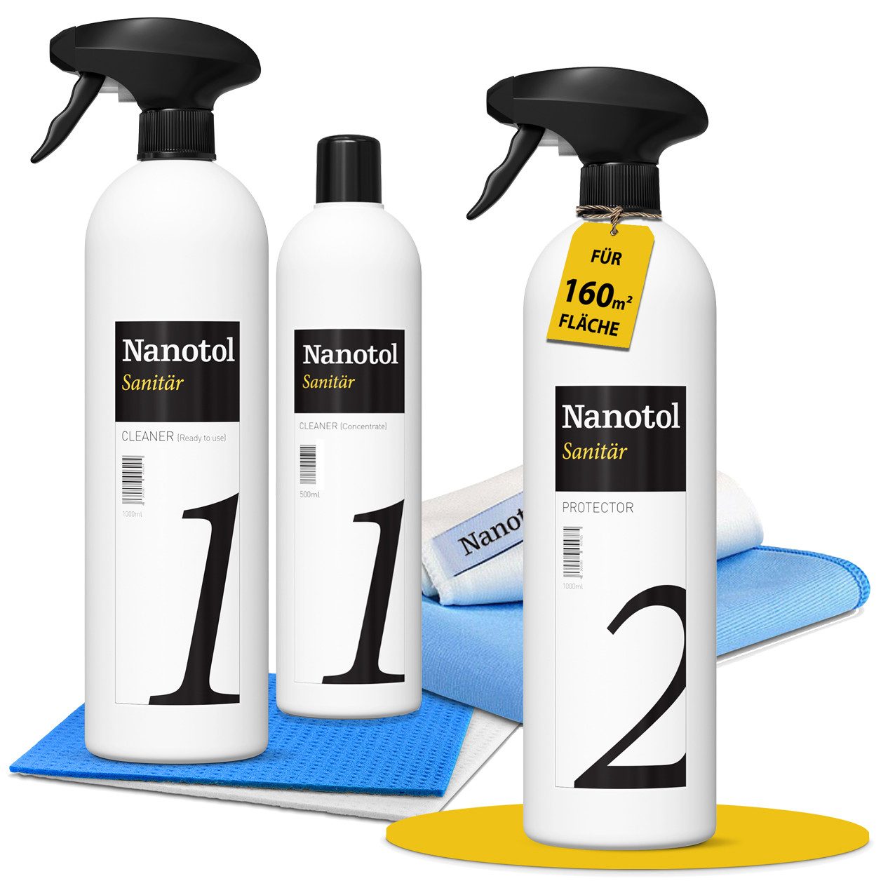 Nanotol Profi Badreiniger-Versiegelung-Set mit Lotuseffekt Badreiniger (Komplett Set, [- Reiniger, Nanoversiegelung, Schwamm-/Poliertücher Anti-Haft Beschichtung gegen Kalk - lösungsmittelfrei, geruchsneutral)