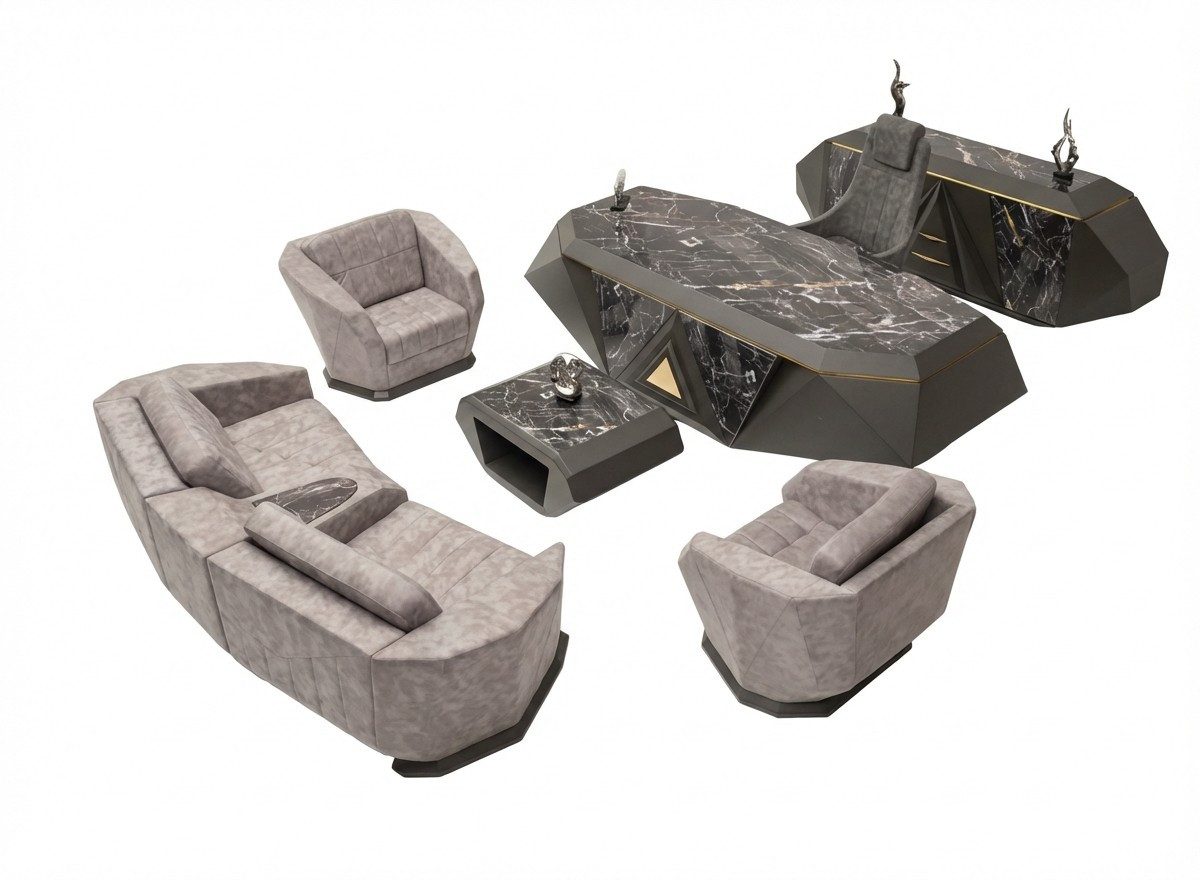 JVmoebel Büromöbel-Set Zeitlos 6tlg. Chef Büromöbel Set Schwarz/Grau für Homeoffice, (Schreibtisch, Kommode, Sofa 3-Sitzer, 2x Sessel, Couchtisch), Made in Europe