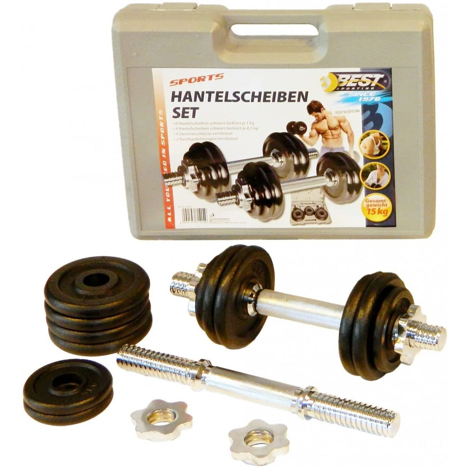 Kurzhantel 2er Kurzhantel Hantelkoffer Set 15 kg aus Gusseisen mit Stellringen