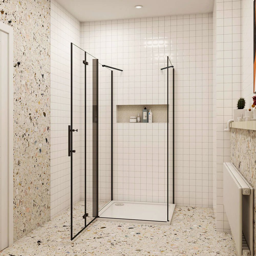 Duschspa Complete Shower Enclosure 195cm Black U-Shape Shower Enclosure Shower Door Folding Door Hinged Door, WxD: 120x90 cm, Single Tempered Safety Glass, Safety Glass, Set, Suitable for Floor-Level Installation