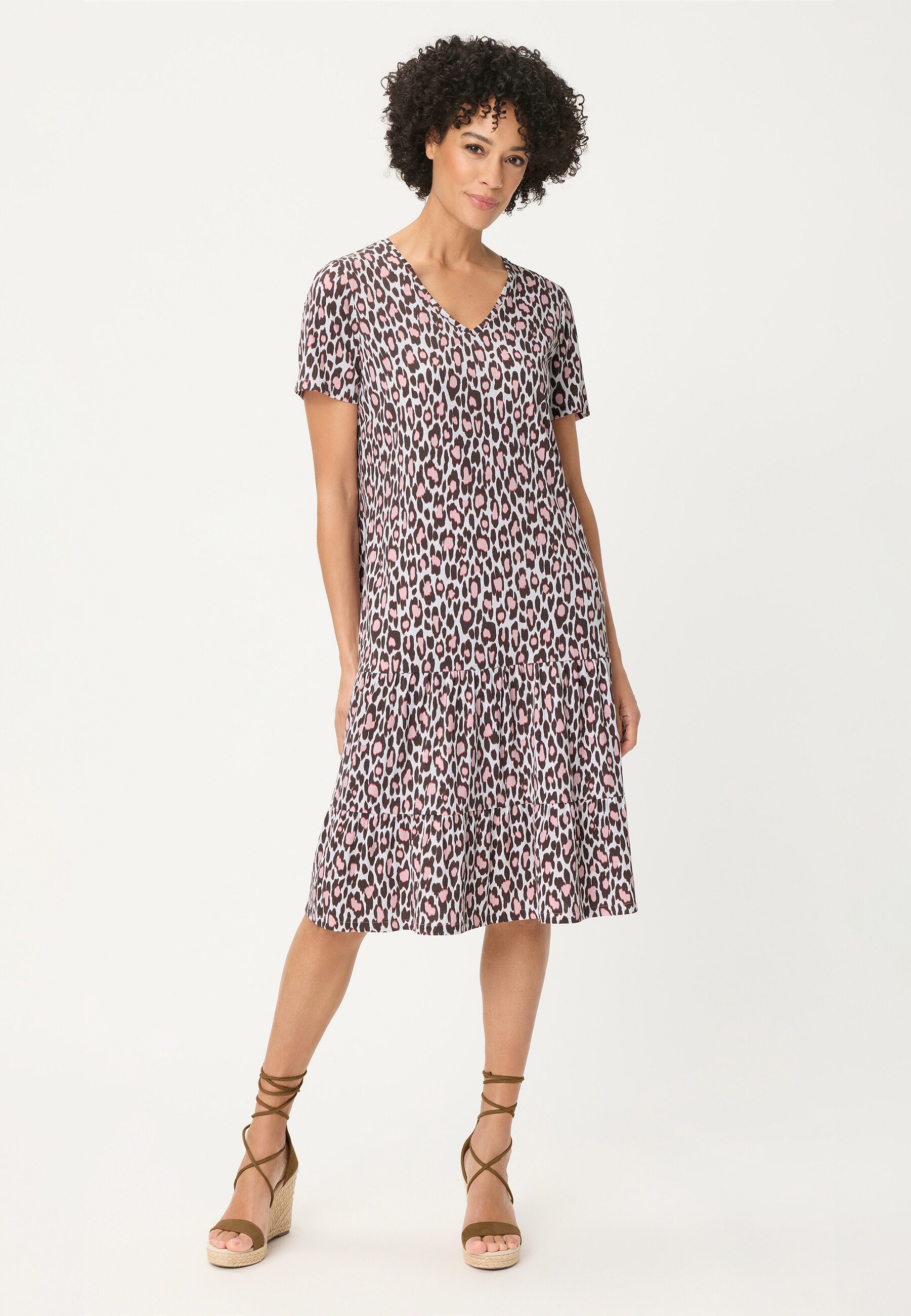 Olsen Midikleid Jerseykleid mit Allover-Dessin und Volants