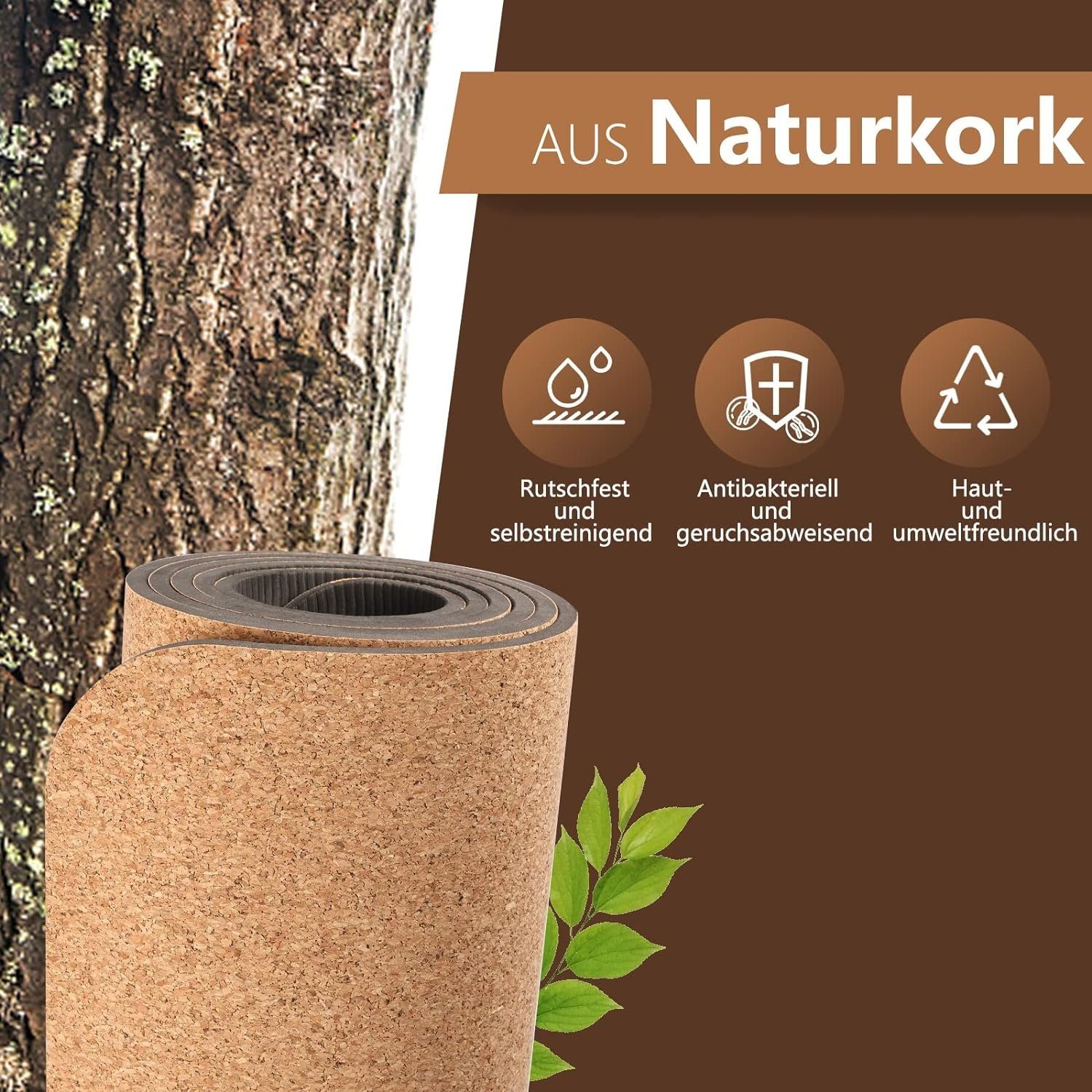 DH FitLife Yogamatte aus hochwertigem Kork & TPE, Gymnastikmatte 183 x 61 x 0,6 cm (naturfreundliche und rutschfeste Fitnessmatte, Korkmatte dicker mit Orientierungslinien), hautverträglich, leicht und tragbar