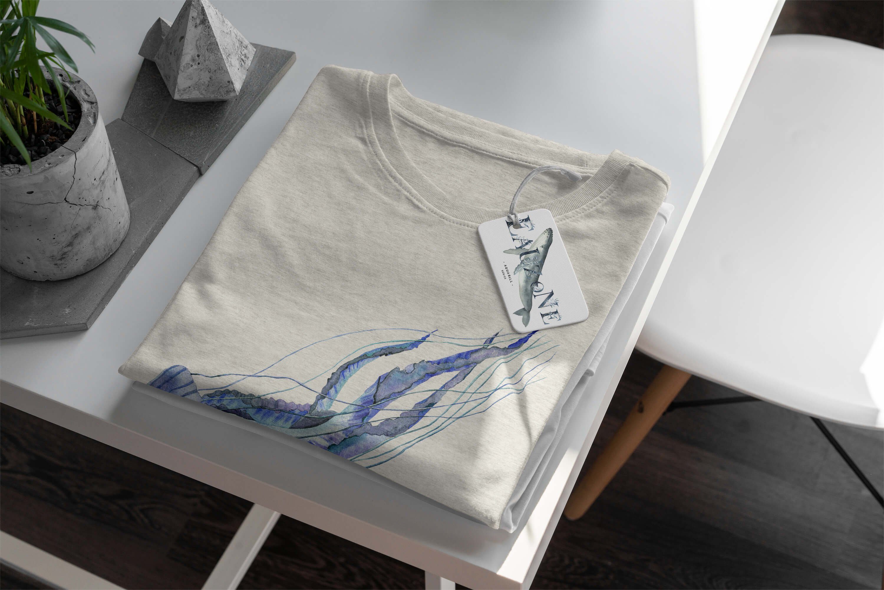 Sinus Art T-Shirt Herren Shirt T-Shirt Ökomode e Wasserfarben 100% Qualle (1-tlg) gekämmte Nachhaltig aus Bio-Baumwolle Motiv
