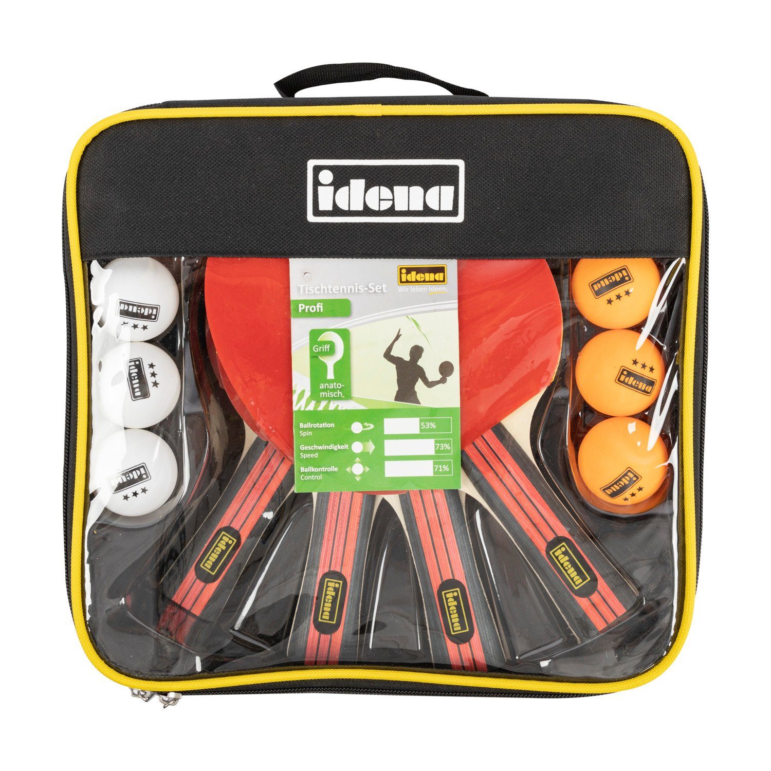 Idena Tischtennisschläger Idena 40222 - 12-teiliges Tischtennis-Set mit 4 Tischtennisschlägern (Set, 4 Schläger, 8 Bälle & 1 Reißverschlusstasche)