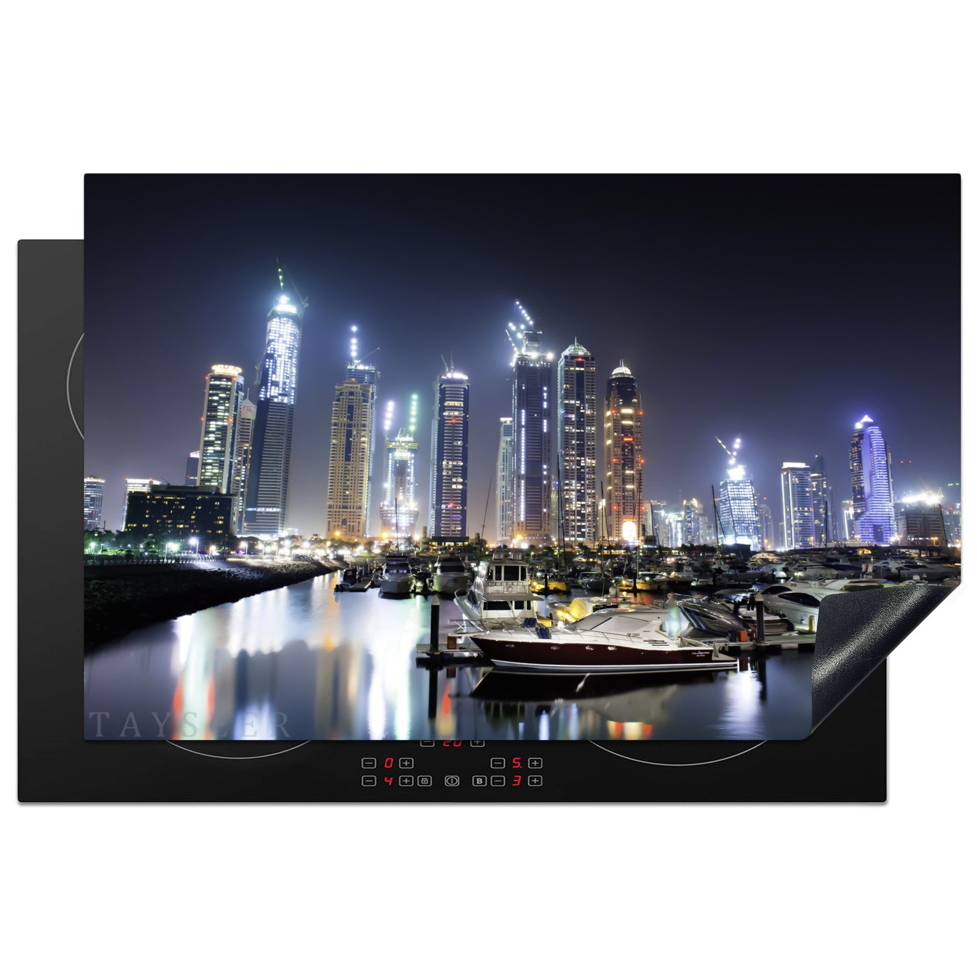 MuchoWow Herdblende-/Abdeckplatte Dubai Marina in der Nacht gehüllt, Vinyl, (1 tlg), 81x52 cm, Induktionskochfeld Schutz für die küche, Ceranfeldabdeckung