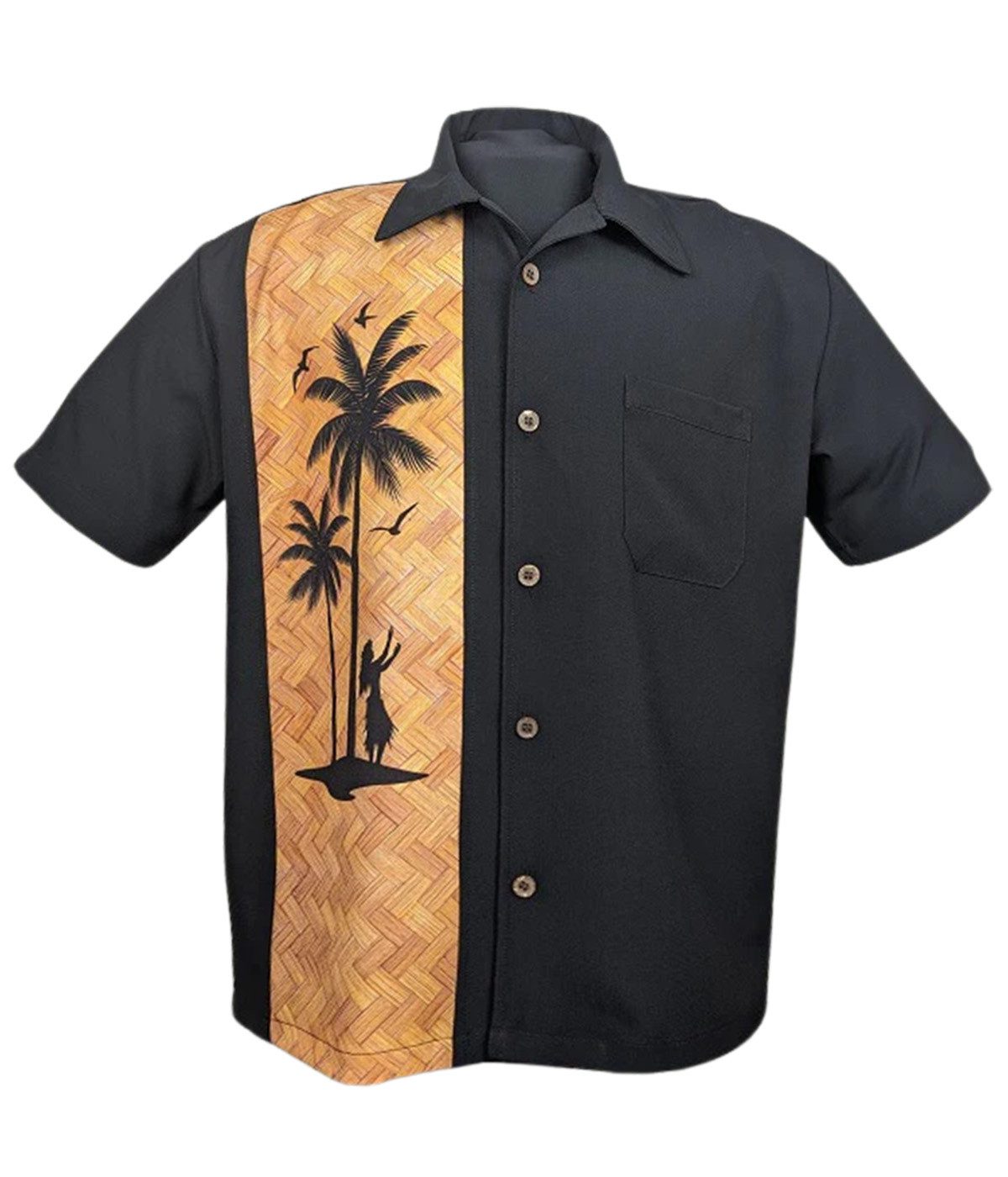 Steady Clothing Kurzarmhemd Hula Palm Schwarz Bowling Shirt Vintage Retro Rockabilly
