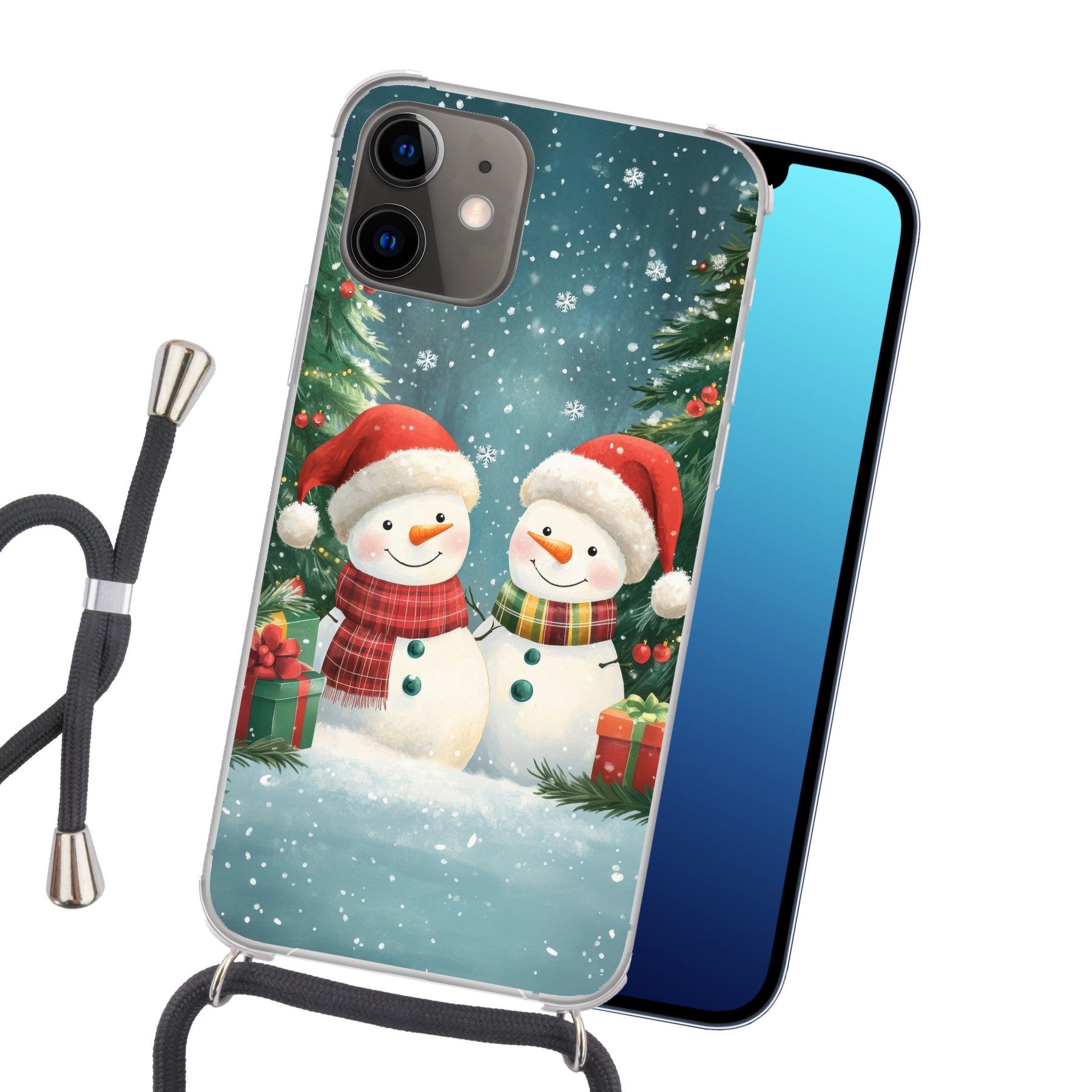MuchoWow Handyhülle für Apple iPhone 12 Schneemann - Weihnachtsschnee - Grün - Rot, Tragbare Handyhüllen mit Kette zum umhängen, Handykette Handyband