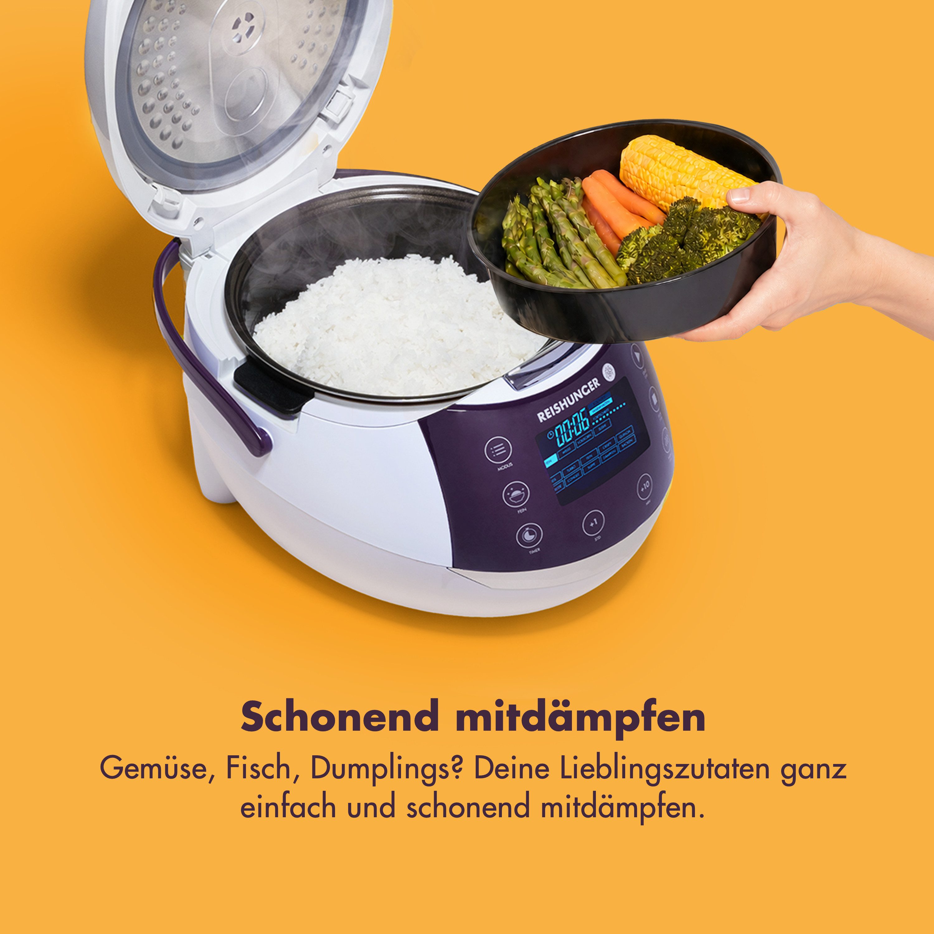 Reishunger Reiskocher großes digitales Modell – 1,5 L – Multikocher – 12 Programme –, 860 W, Timer- und Warmhaltefunktion, 7-Kochphasen-Technologie, LED-Display