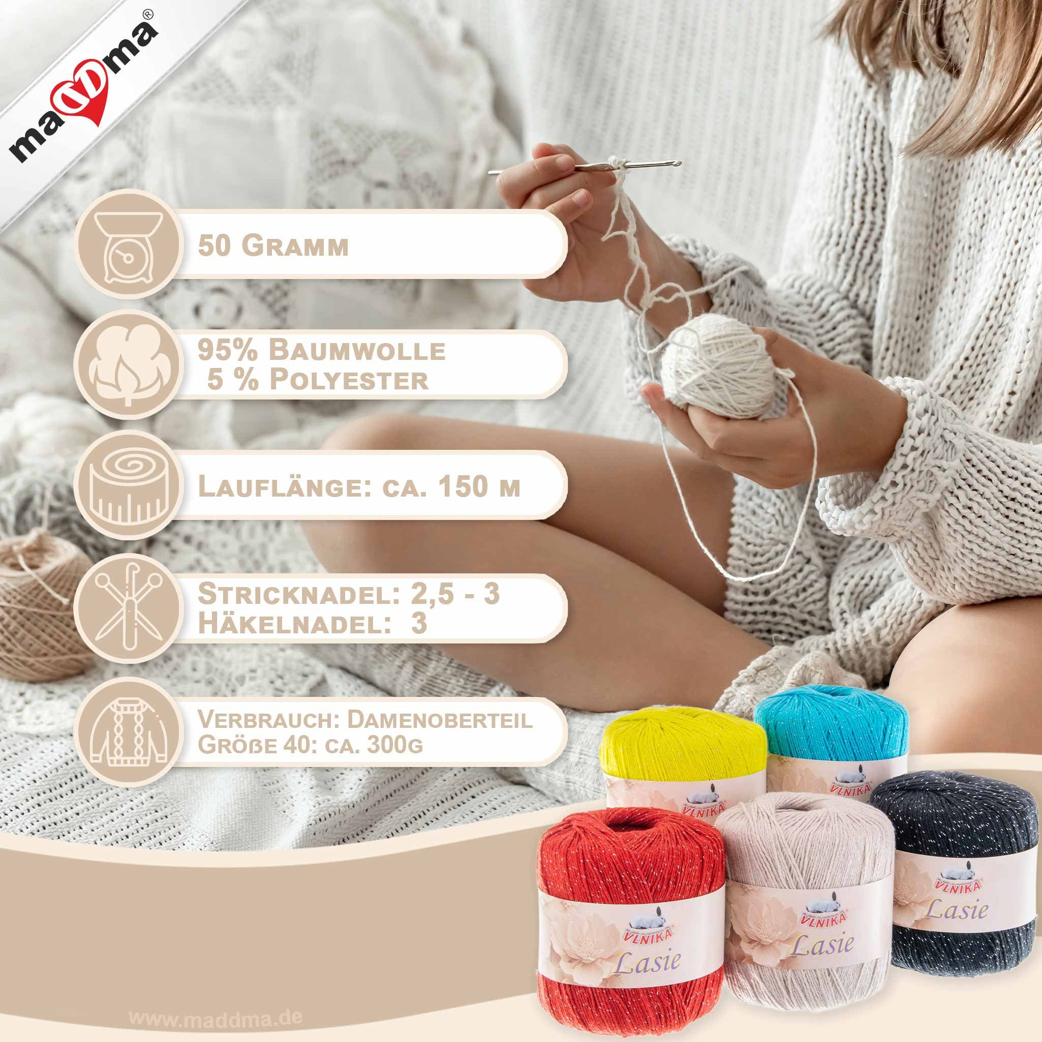 VLNIKA 5 x 50g Strickgarn Lasie Glitzereffekt Häkelgarn Sommergarn Häkelwolle, 750 m (Sparpaket (5 Knäuel je 50g), weiß