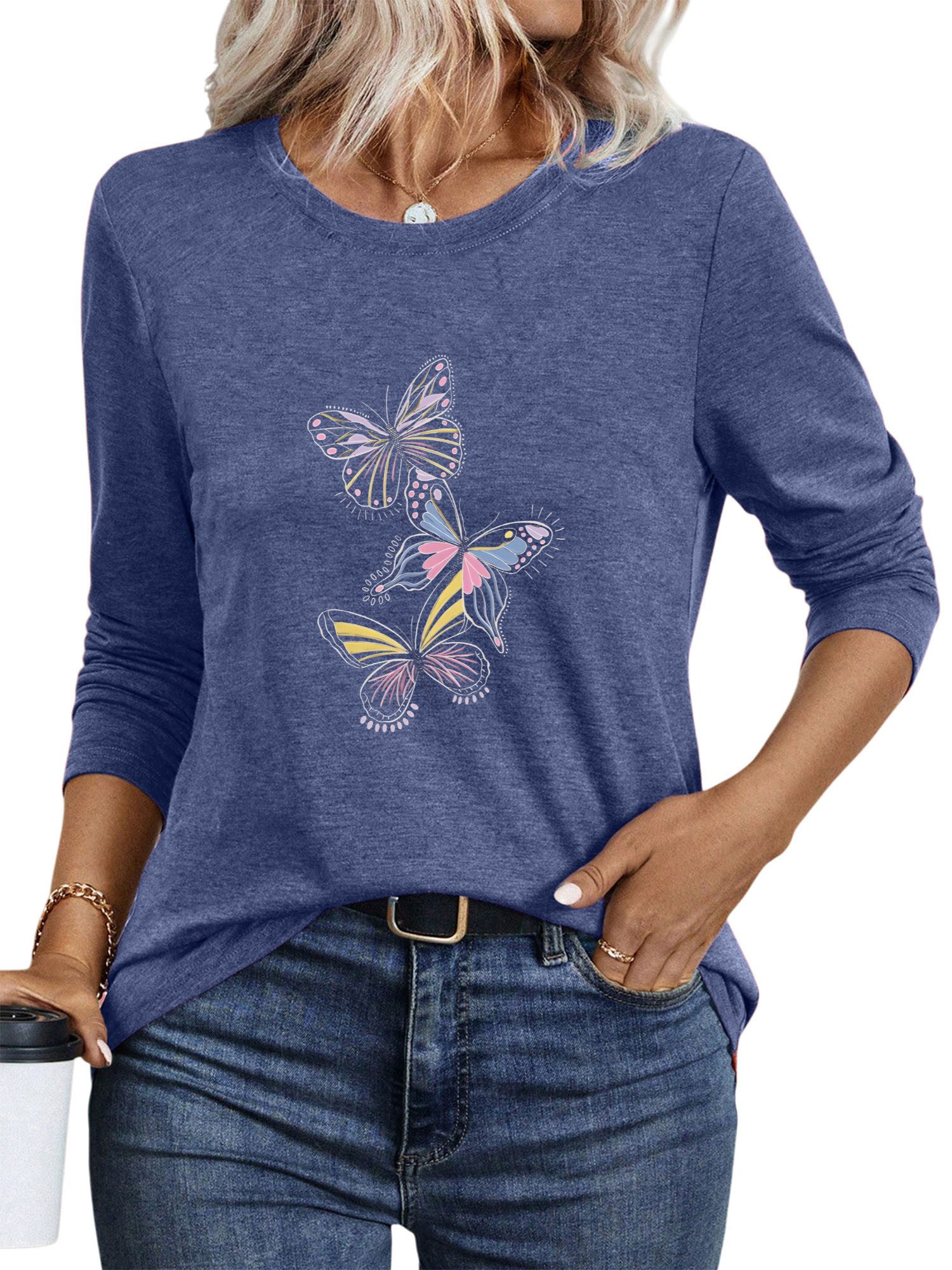 PYLIKE Rundhalsshirt Damen Casual Langarm mit Schmetterling Druck bequemes günstig online kaufen
