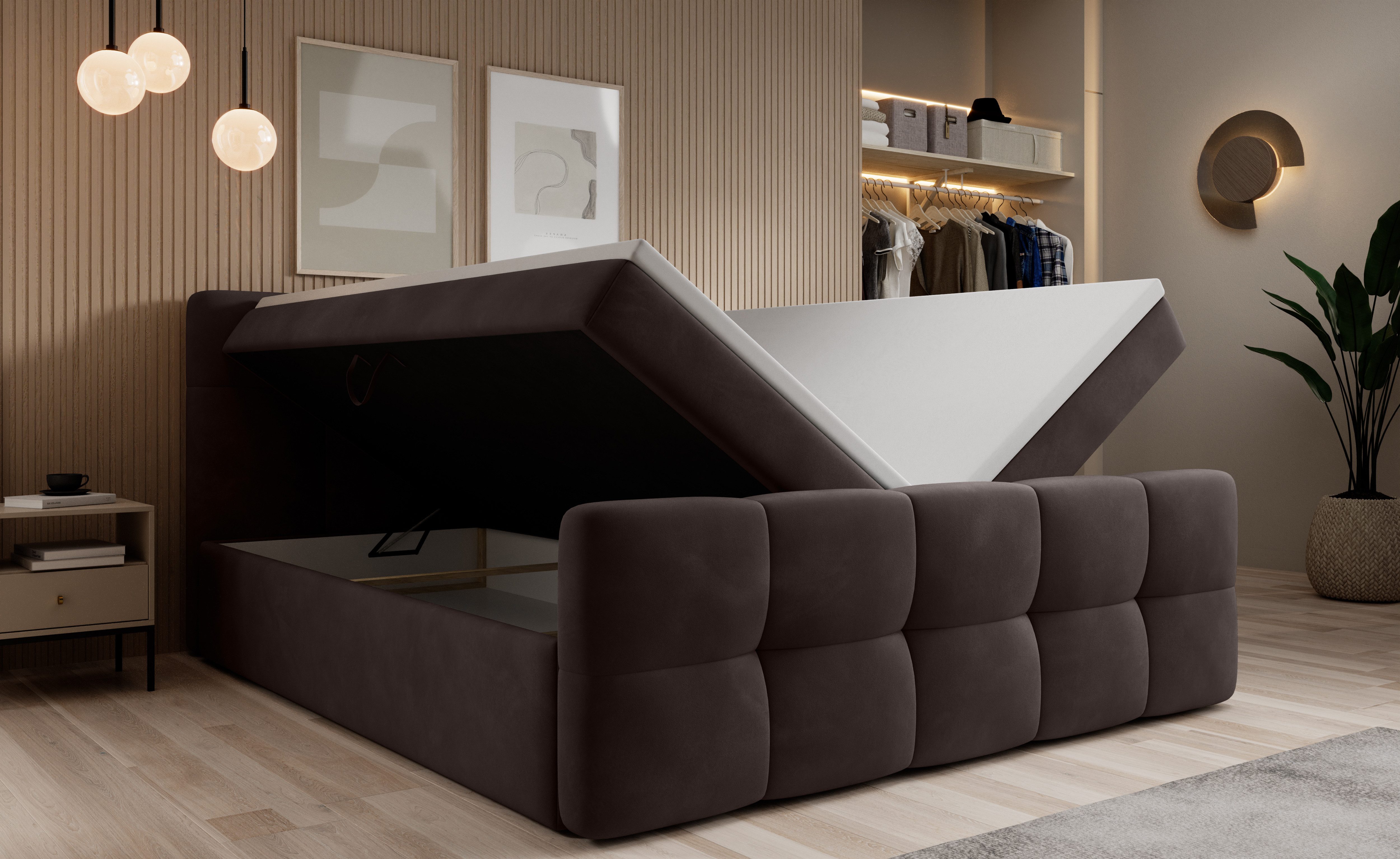 thematys Boxspringbett mit Bettkasten 140x200–200x200 cm – Velours oder Bouclé Bezug – (Polsterbett Bonnellfederkern Matratze H3 + Gratis 3cm Topper, Boxbett - Luxus Doppelbett mit Stauraum)