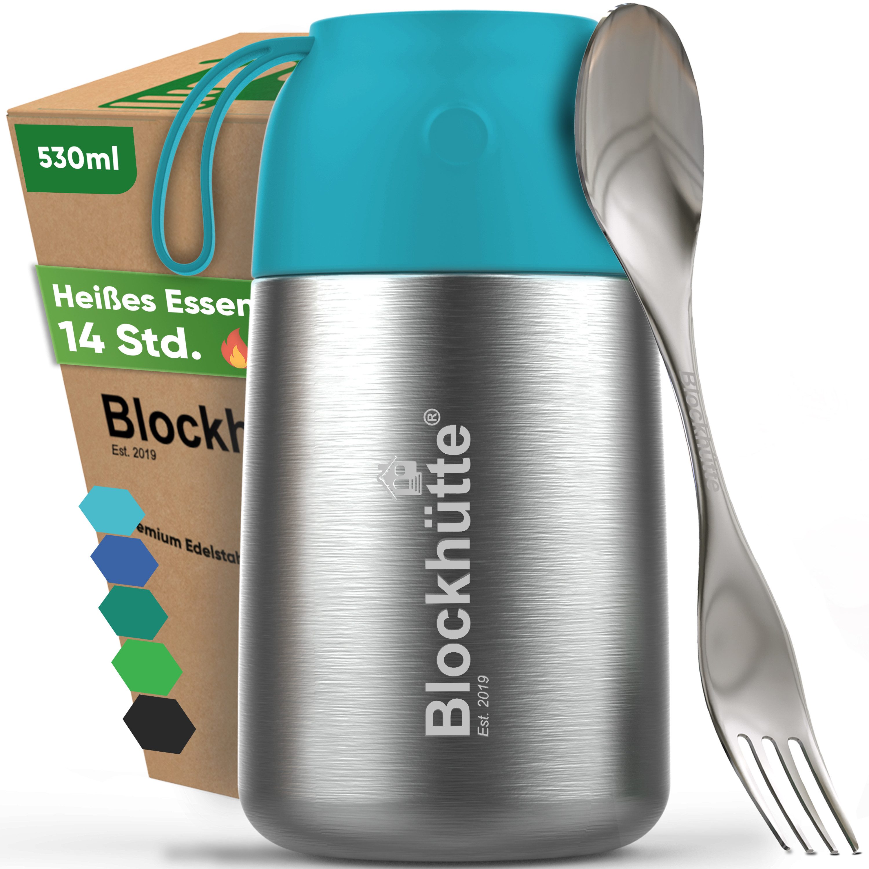 Blockhütte Thermobehälter für Essen - Warmhaltebehälter Essen - Thermo Lunchbox, Edelstahl, Auslaufsicher, 14 Stunden heiß, 19 Stunden kalt