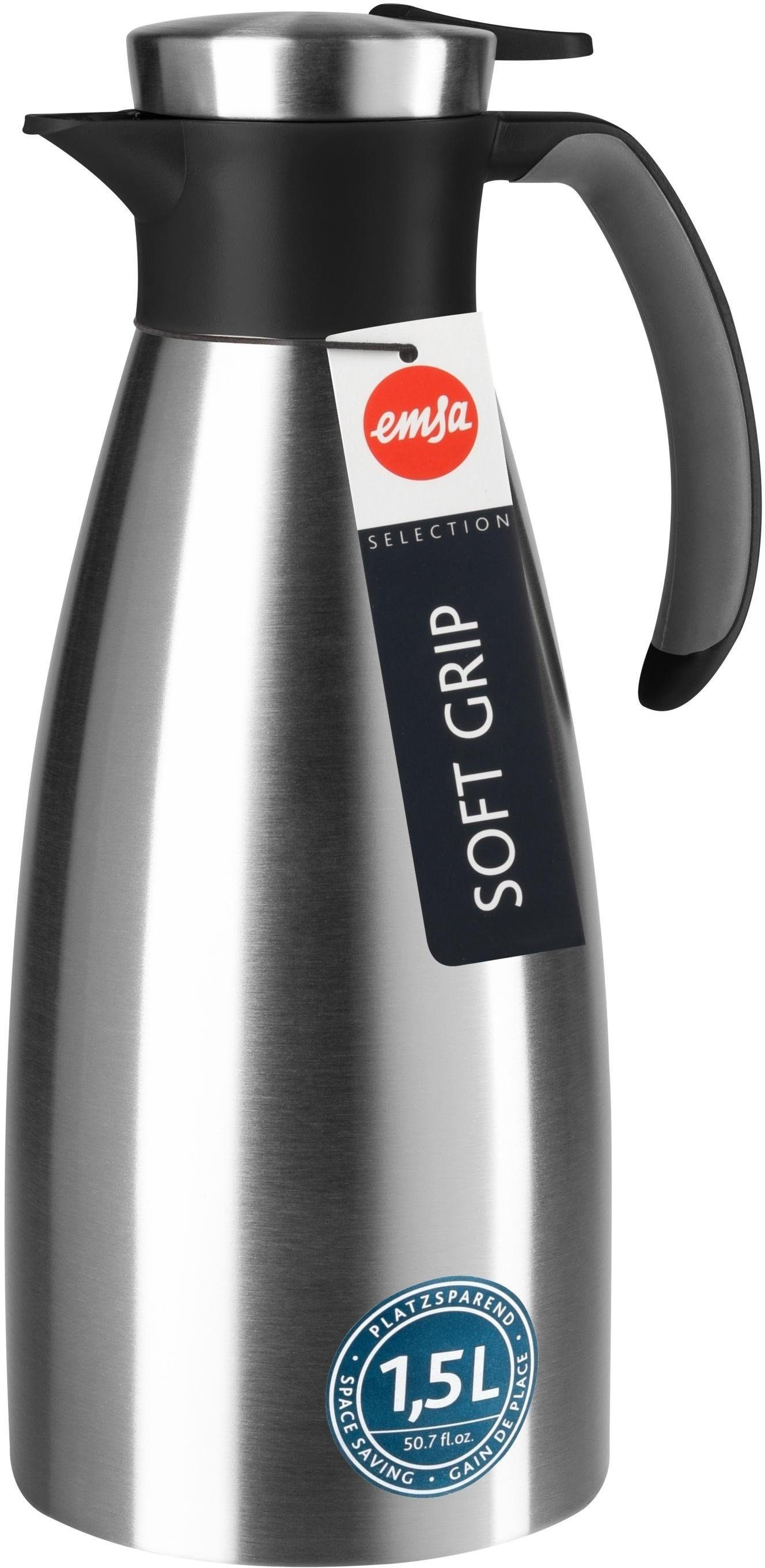 Emsa Isolierkanne Soft Grip, 1,5 l, (1-St), Quick Tip Verschluss, rutschfester Halt, 12 h heiß, 24 h kalt