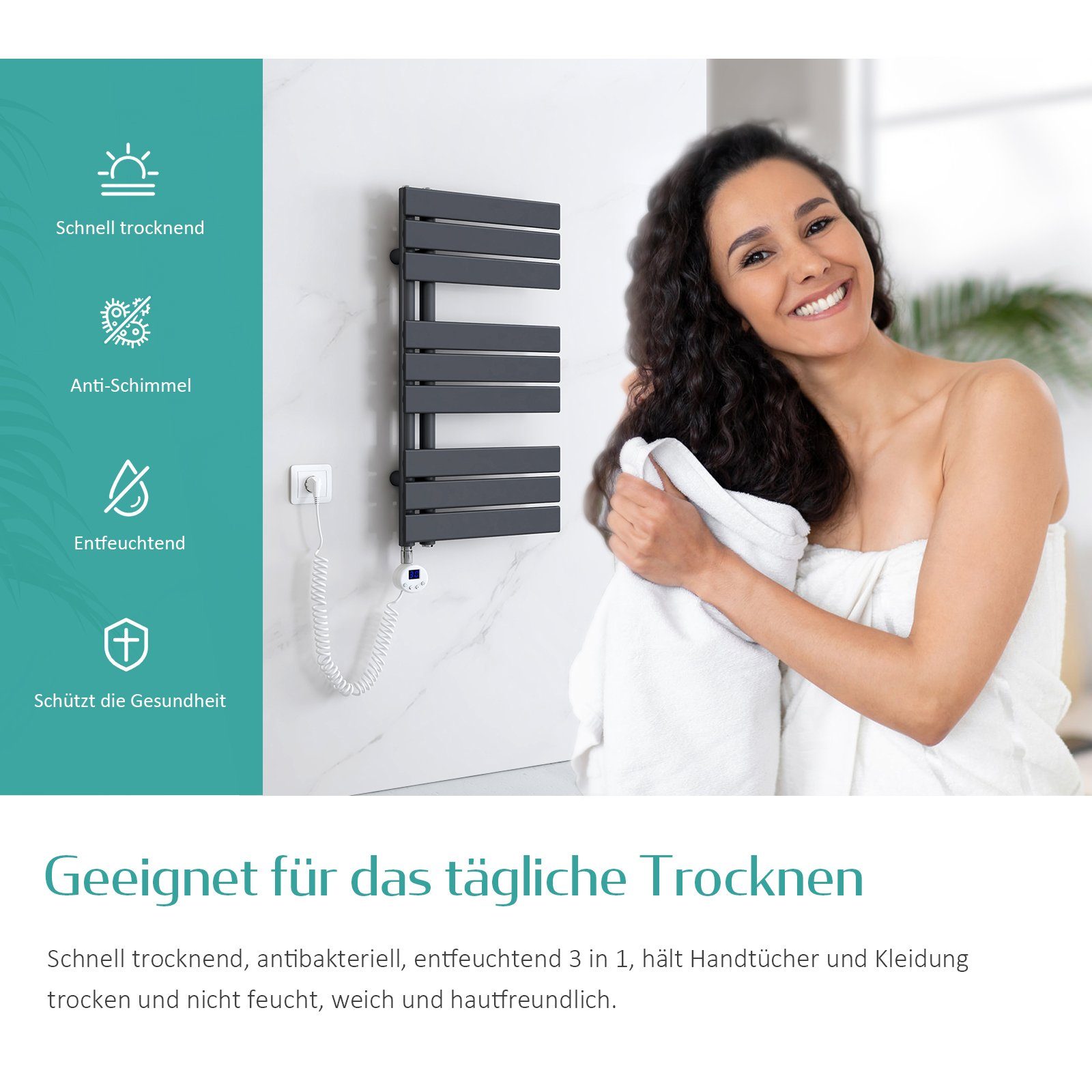 EMKE Elektrischer timer Elektrischer Elektrisch Handtuchhalter Thermostat Anthrazit, Heizstab inkl Badheizkörper Panel Badheizkörper mit EMKE mit