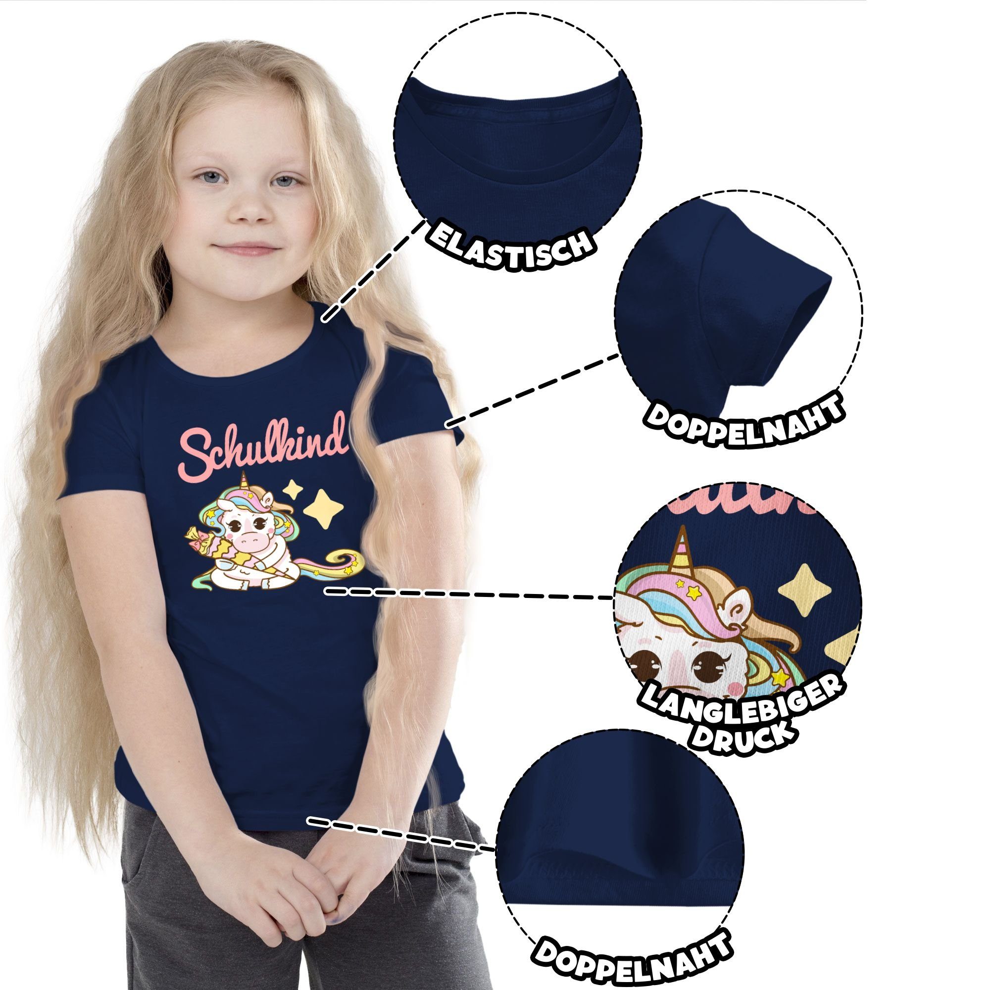 mit Schulkind Shirtracer Navy T-Shirt 1 Schultüte Einschulung Mädchen Blau Einhorn