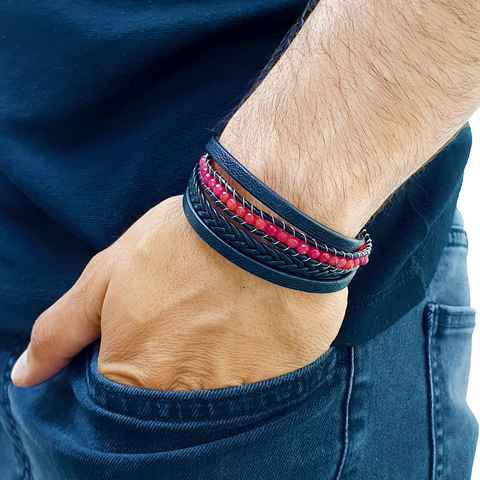 NAHLE Lederarmband Lederarmband mit Achat Perlen (inkl. Schmuckbox), aus Leder, mit Magnetverschluss für ein sicheres verschließen