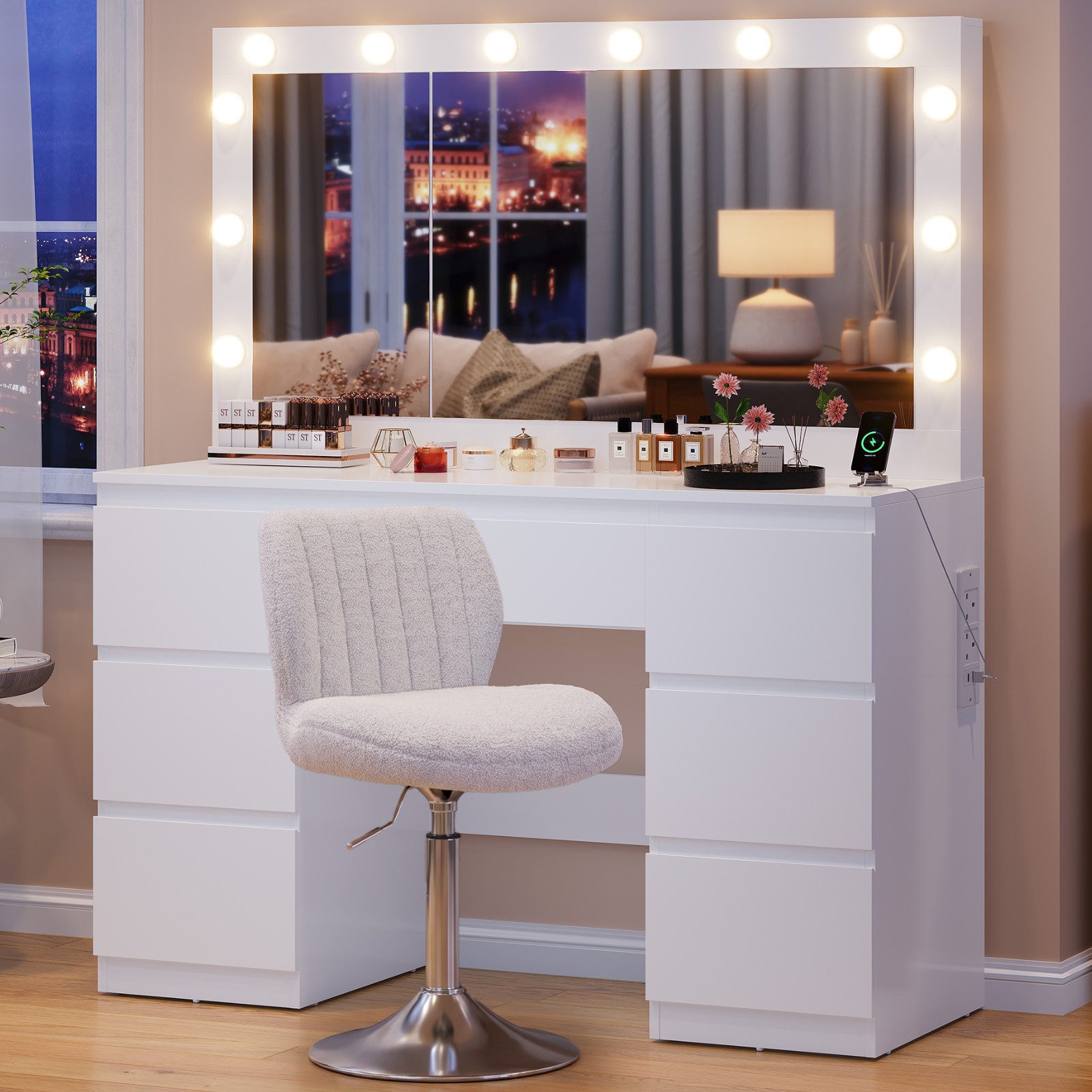 HOMALL Schminktisch mit großem Spiegel, 120 cm, 7 Schubladen, Schmuckschrank (XXL-Spiegel 106×51 cm (30×51 aufklappbar m. Schmuckschrank) · 120 cm · 7 Schubladen · LED-Birne · 2 Steckdosen+USB/Type-C · E1-MDF · 2 Farben · Hocker opt)